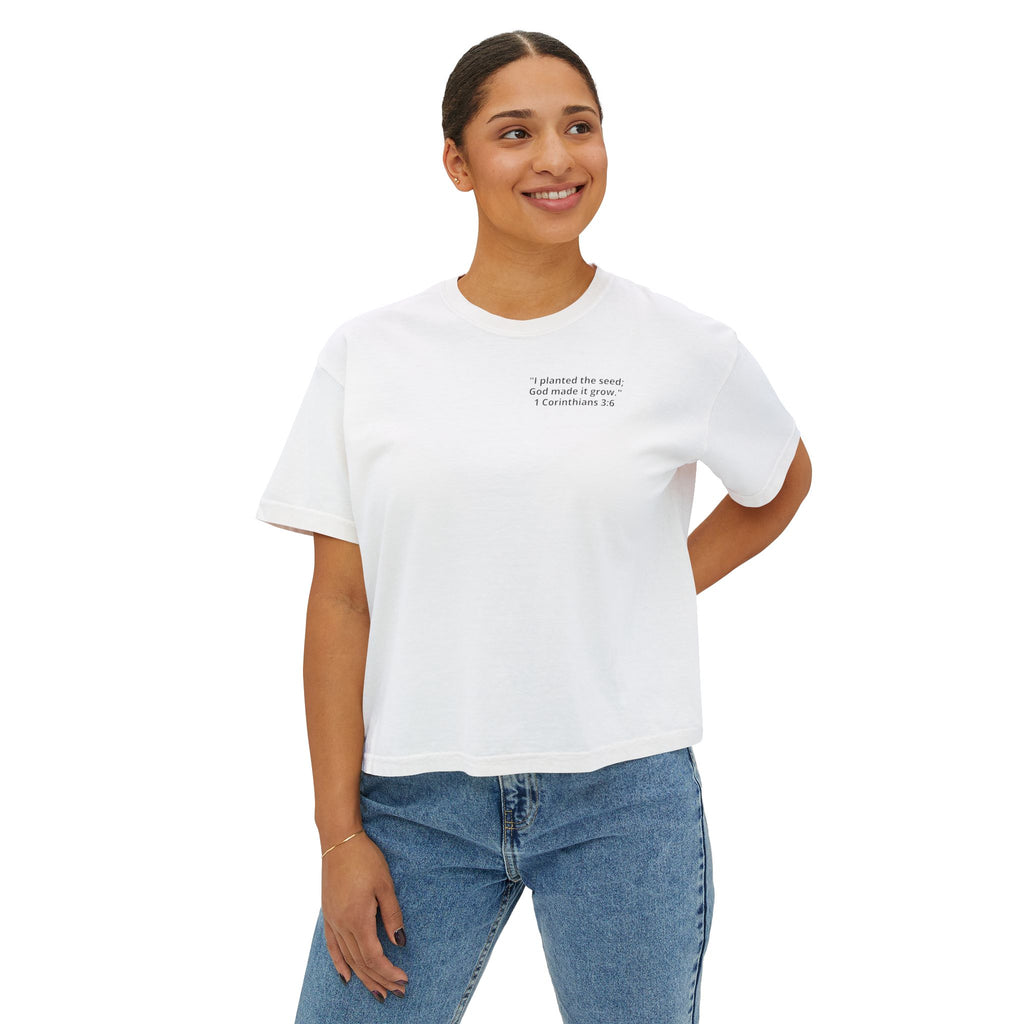 Watch the Love of God Grow Boxy Tee — Christian Faith Tree Graphic Women's Shirt