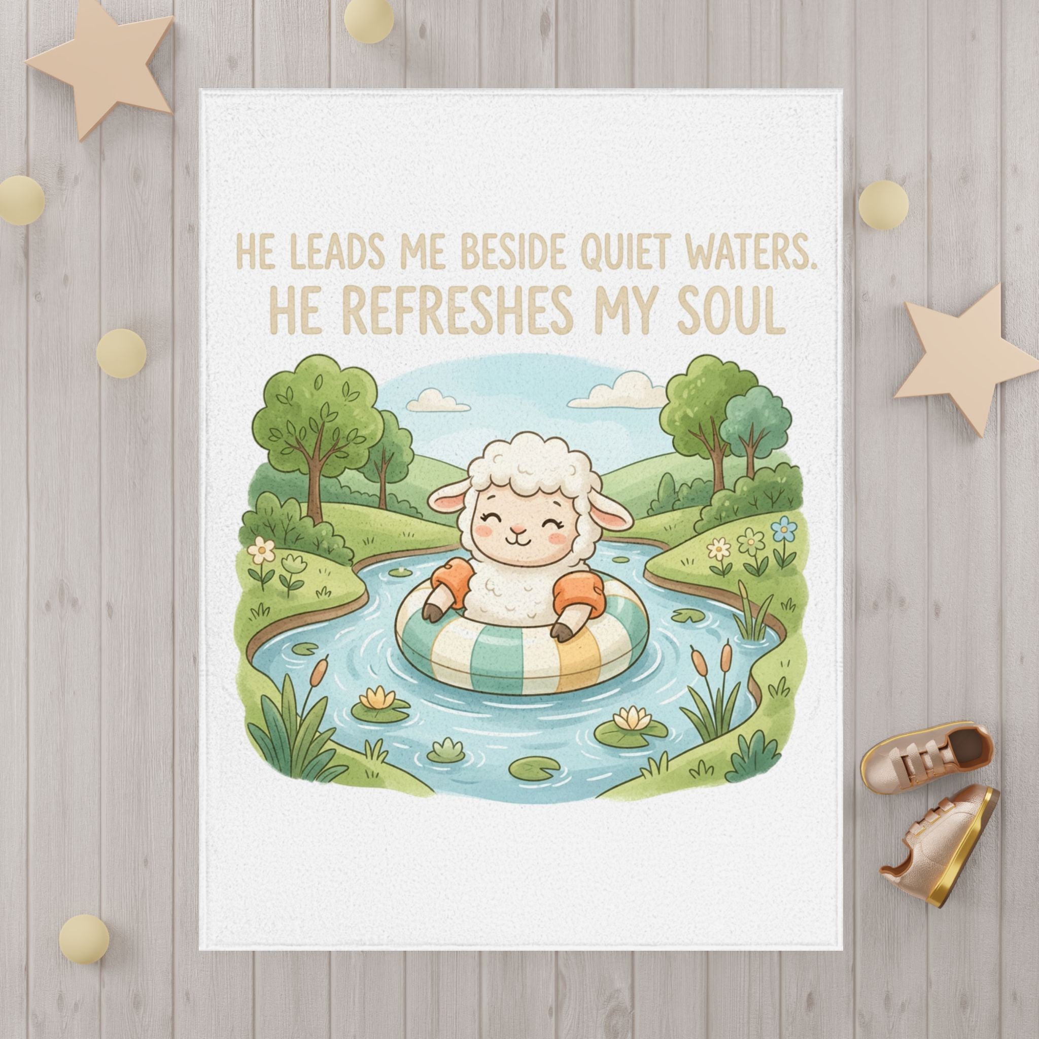 He Leads Me Beside Quiet Waters Toddler Blanket — Cute Lamb Nursery Throw with Scripture