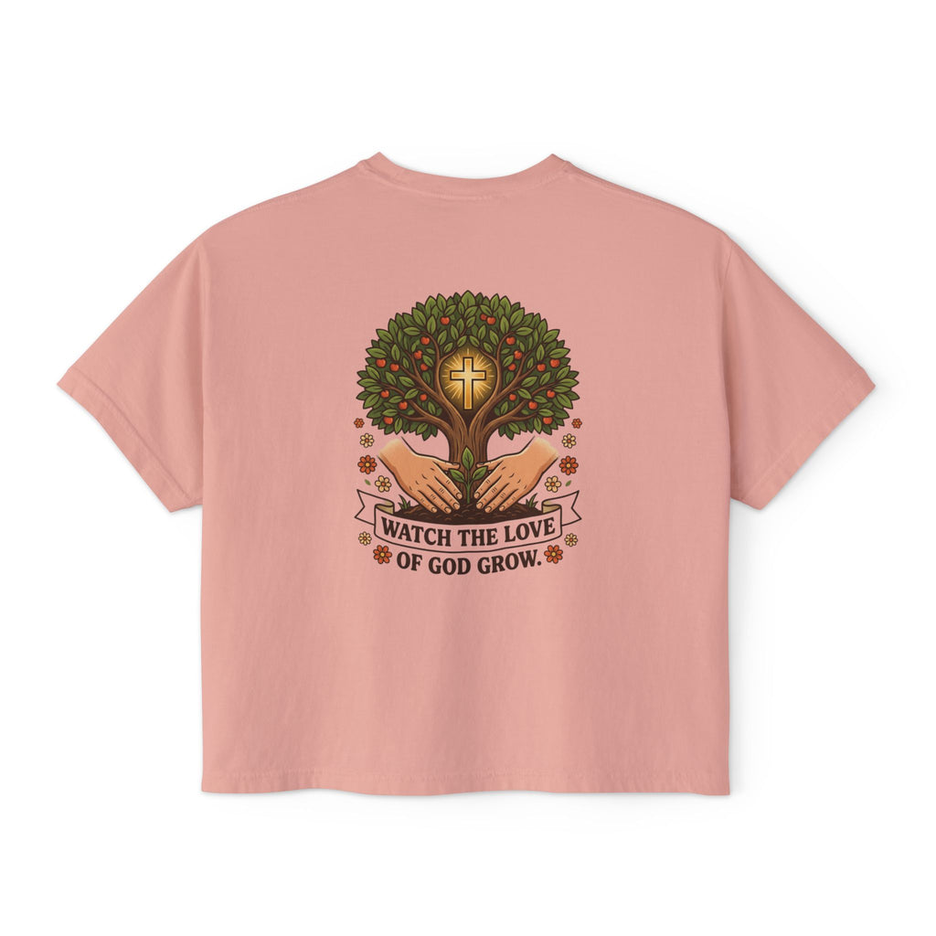 Watch the Love of God Grow Boxy Tee — Christian Faith Tree Graphic Women's Shirt