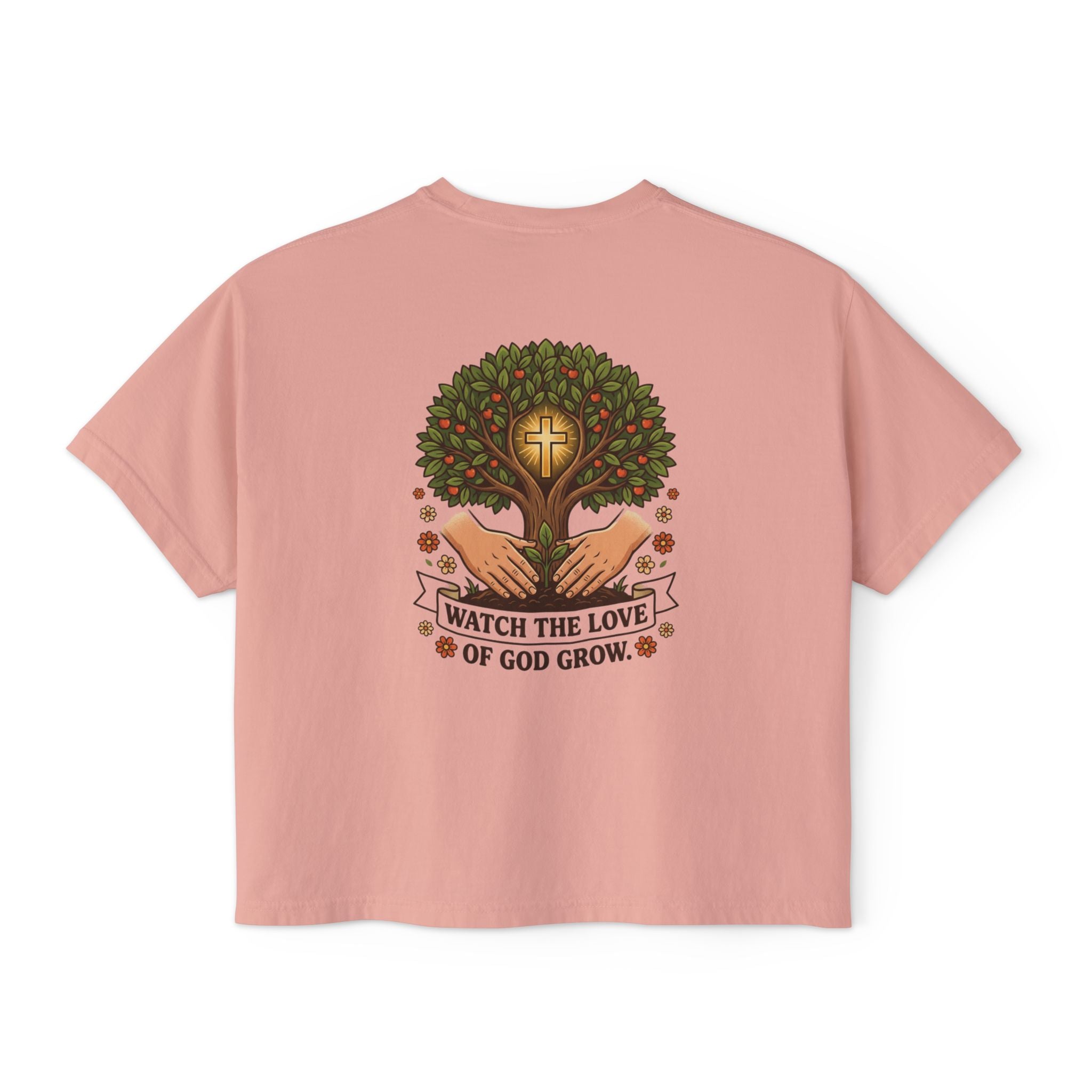 Watch the Love of God Grow Boxy Tee — Christian Faith Tree Graphic Women's Shirt
