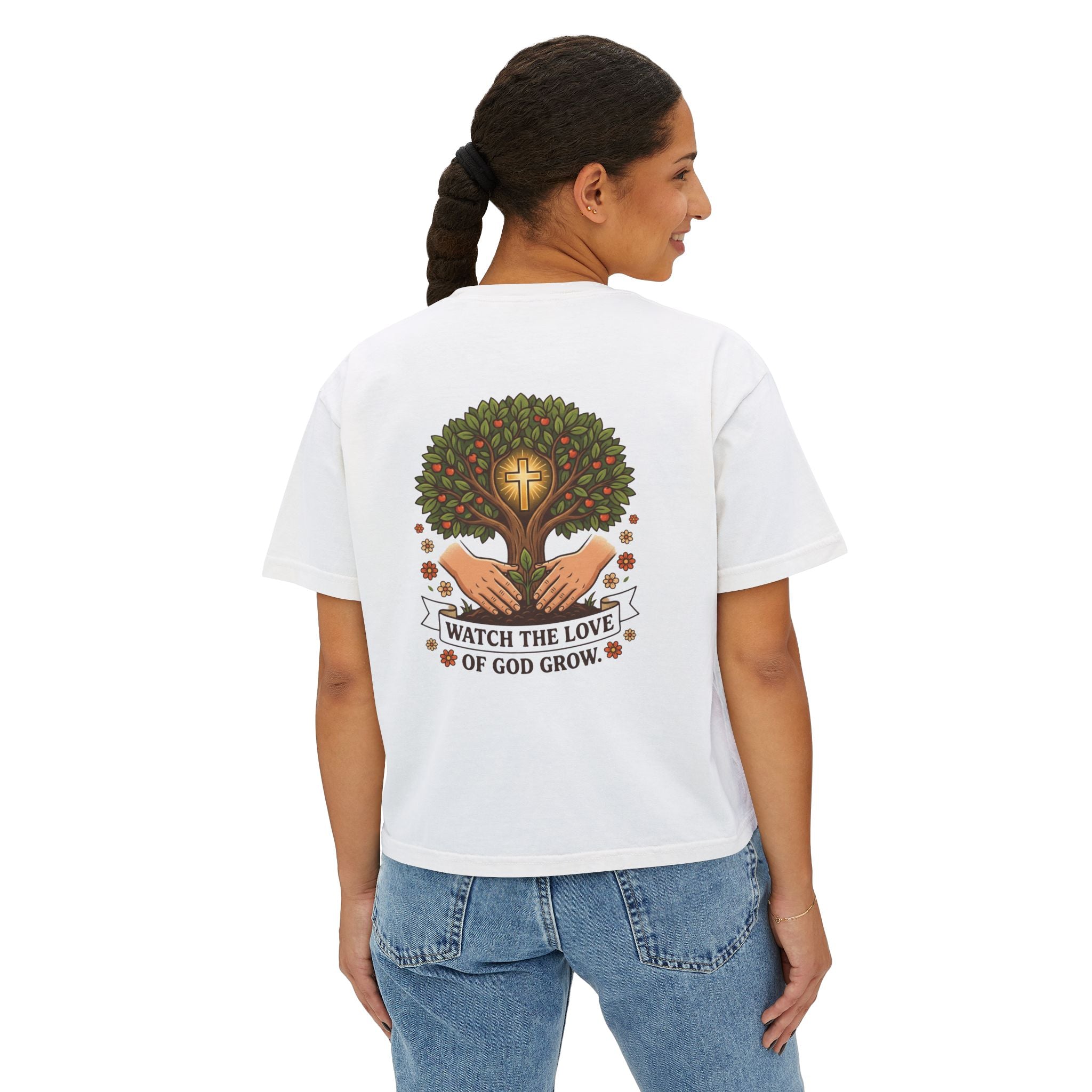 Watch the Love of God Grow Boxy Tee — Christian Faith Tree Graphic Women's Shirt
