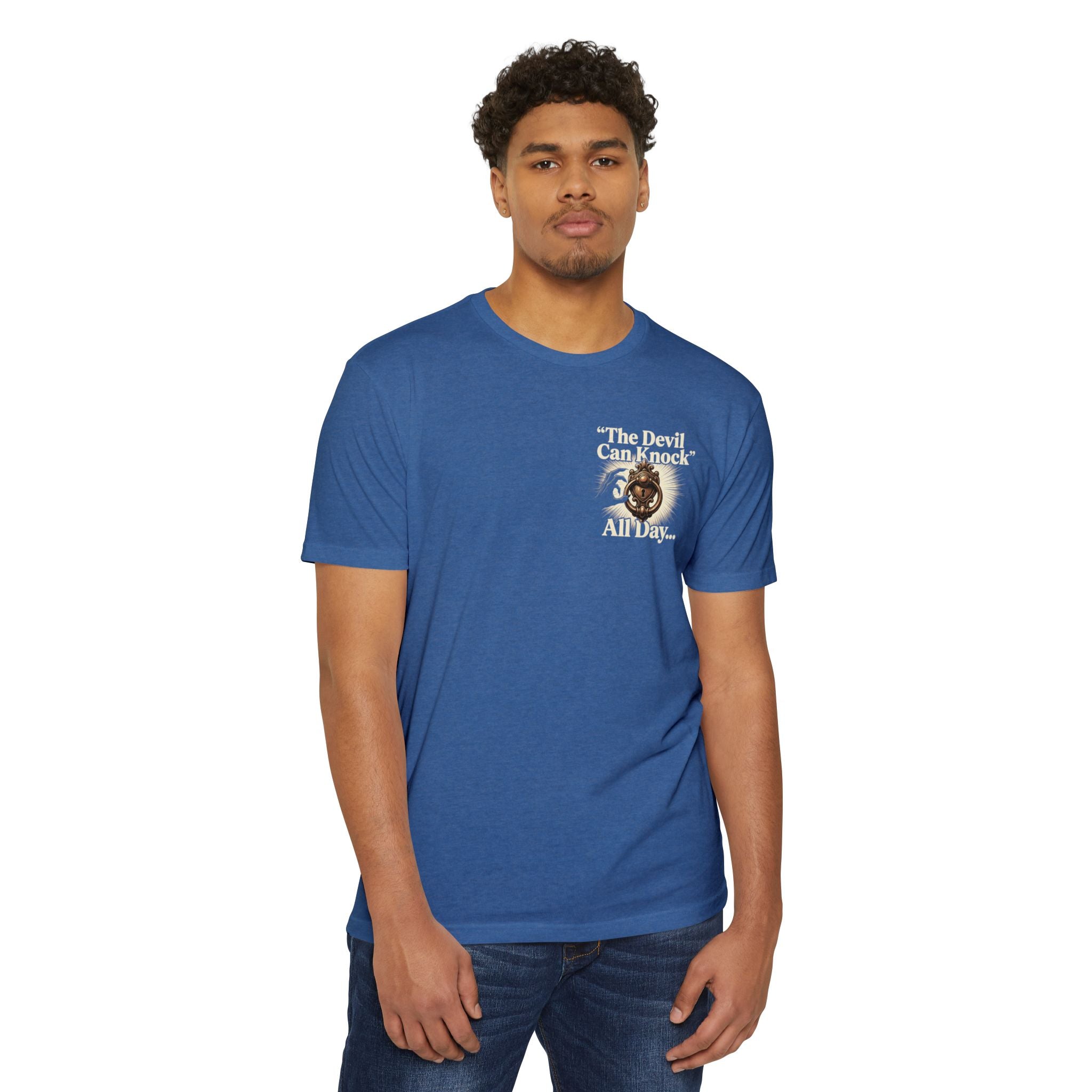 Christian Cross T-Shirt — "The Devil Can Knock All Day... But I Only Answer For Jesus"
