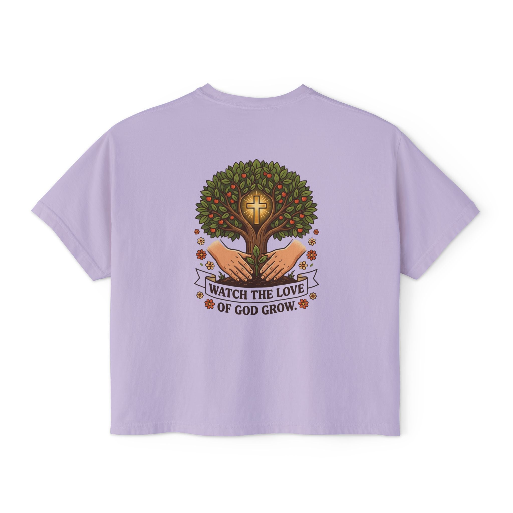 Watch the Love of God Grow Boxy Tee — Christian Faith Tree Graphic Women's Shirt