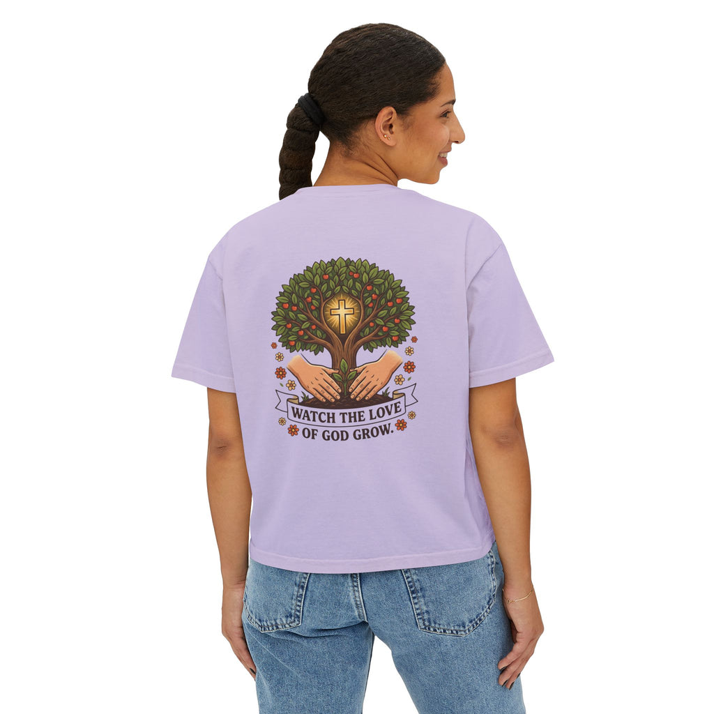 Watch the Love of God Grow Boxy Tee — Christian Faith Tree Graphic Women's Shirt