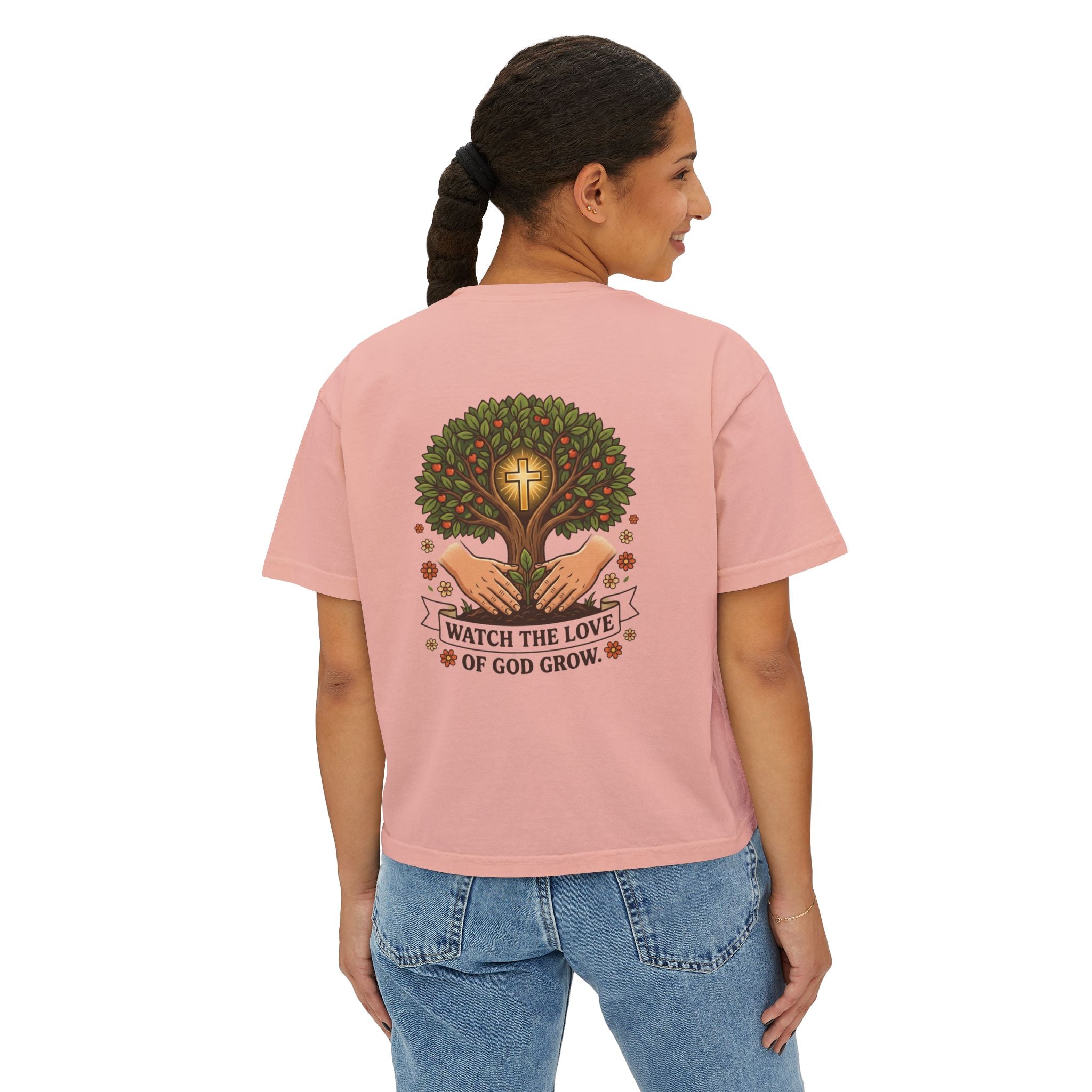 Watch the Love of God Grow Boxy Tee — Christian Faith Tree Graphic Women's Shirt
