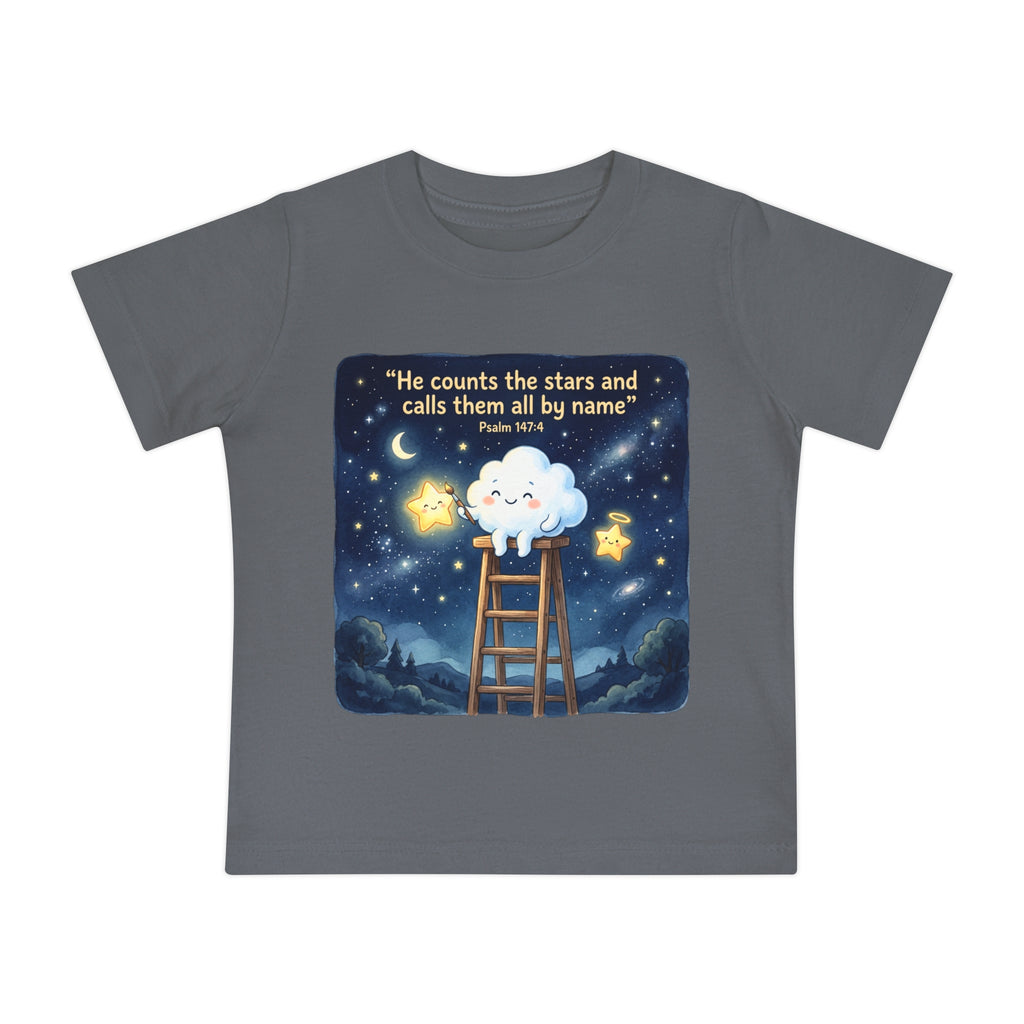 Baby Starry Night T‑Shirt — "He counts the stars and calls them all by name" (Psalm 147:4)