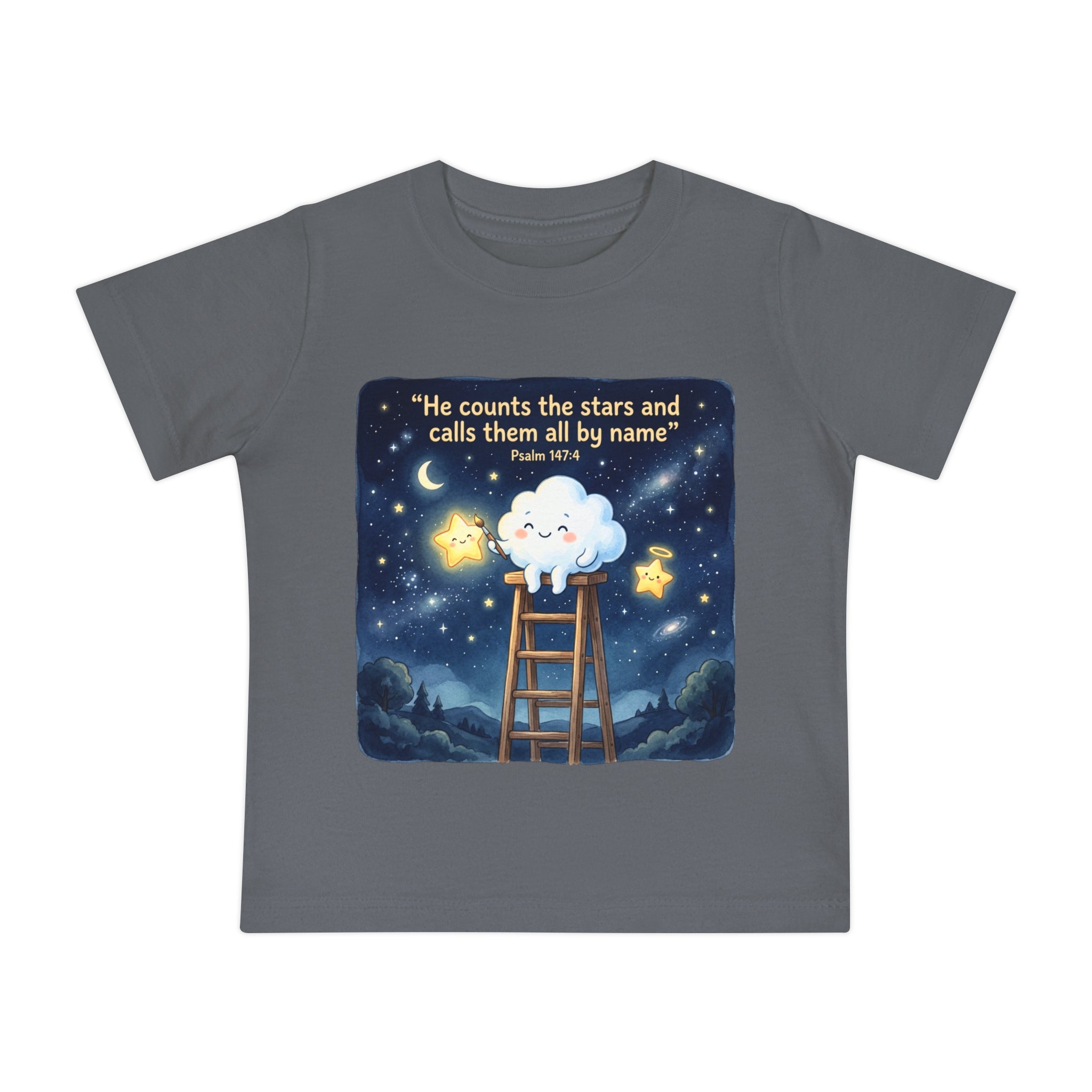 Baby Starry Night T‑Shirt — "He counts the stars and calls them all by name" (Psalm 147:4)