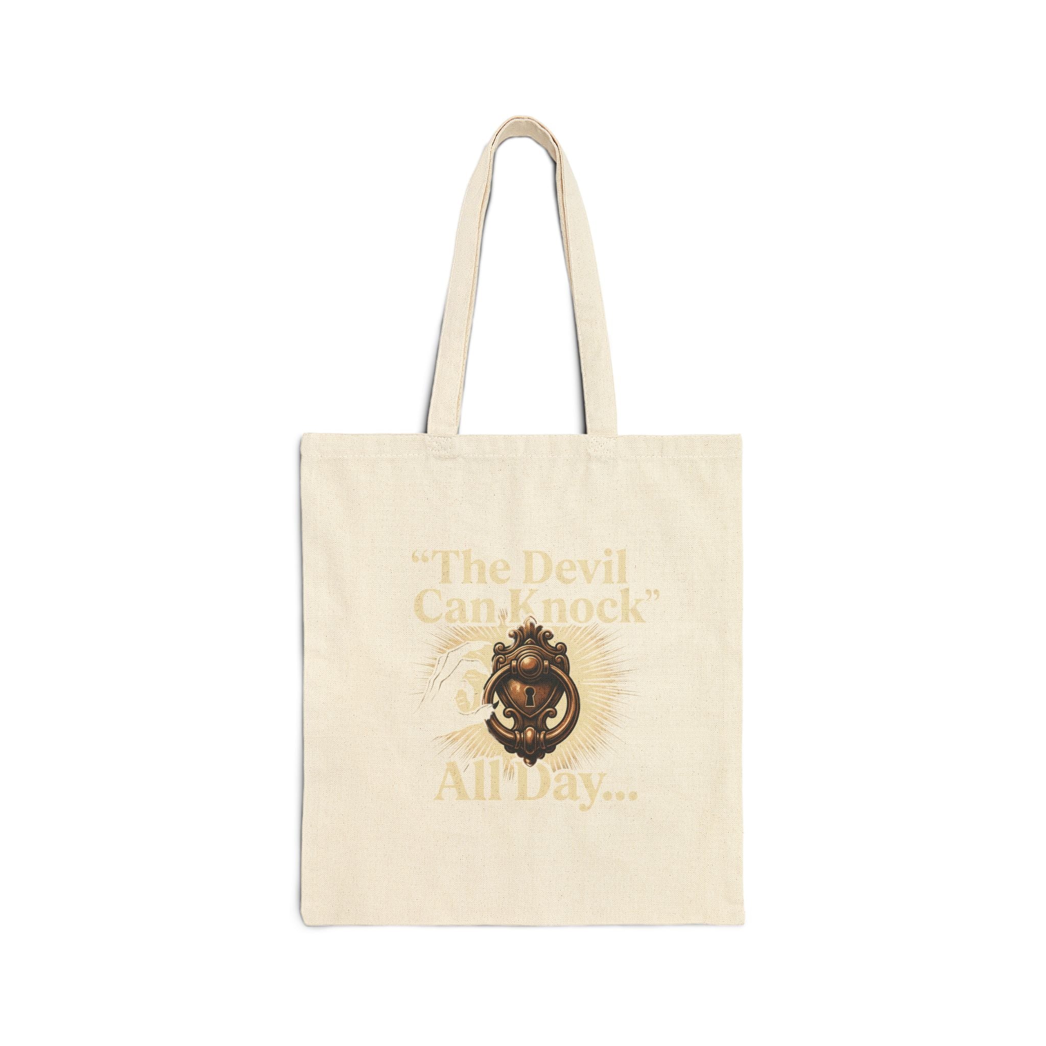 Religious Cotton Tote Bag — "The Devil Can Knock All Day" & Golden Cross Canvas Market Tote