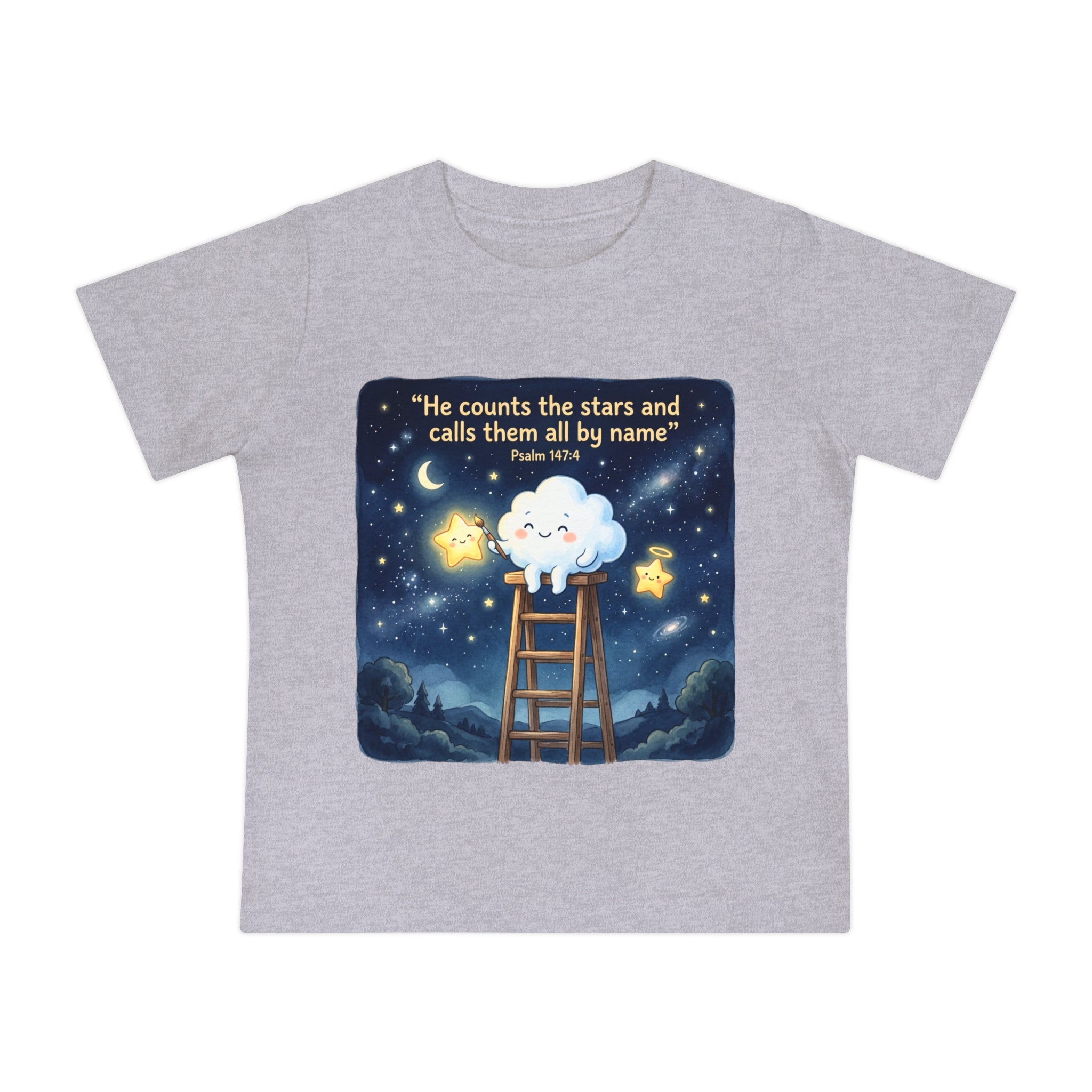 Baby Starry Night T‑Shirt — "He counts the stars and calls them all by name" (Psalm 147:4)