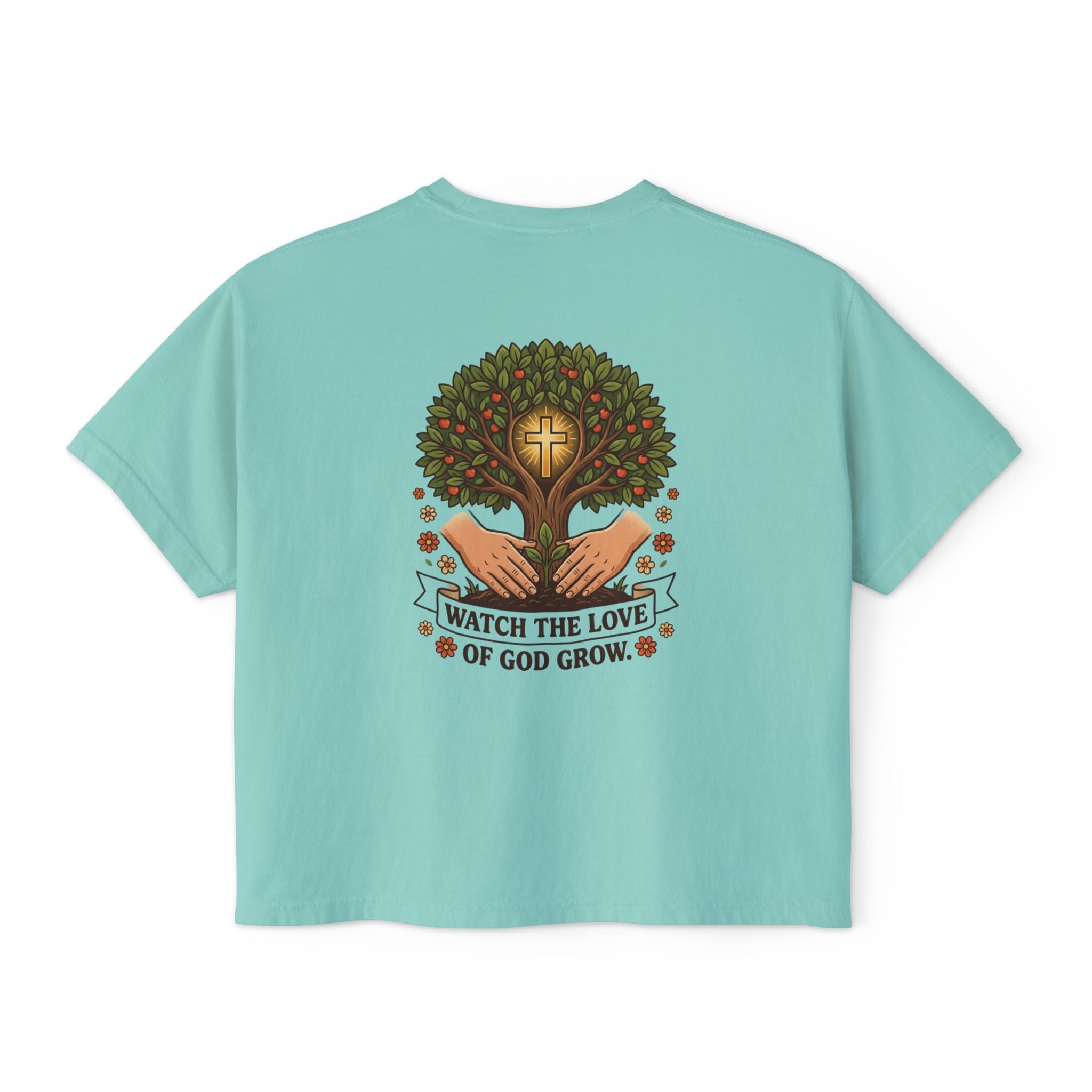 Watch the Love of God Grow Boxy Tee — Christian Faith Tree Graphic Women's Shirt