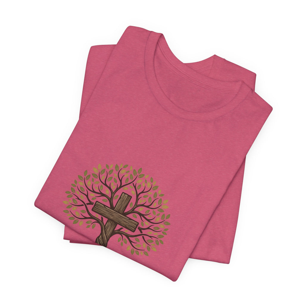 Christian Cross Tree T-Shirt — "Christ died for our sins to give us family to grow spiritually within Him"