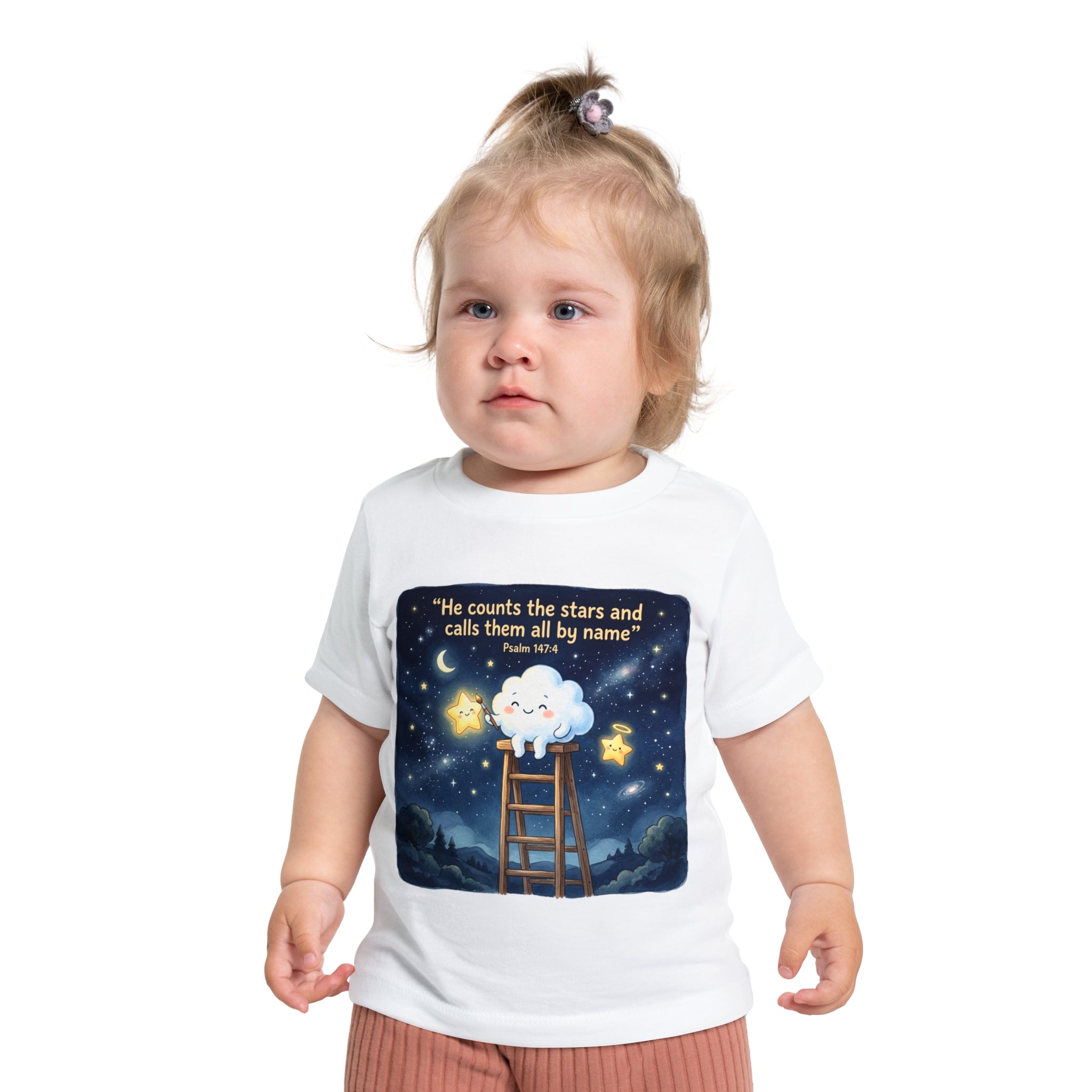 Baby Starry Night T‑Shirt — "He counts the stars and calls them all by name" (Psalm 147:4)