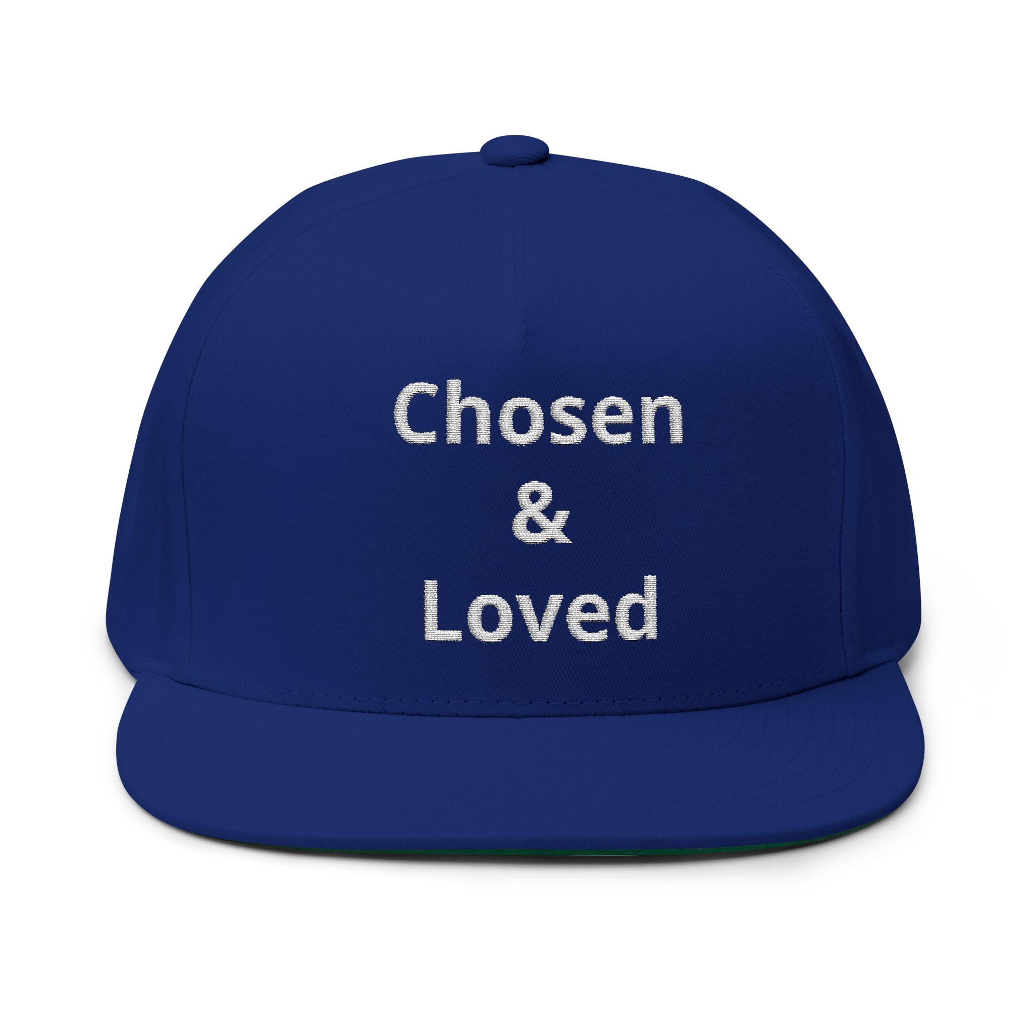 Chosen & Loved Embroidered Flat Bill Cap — White Snapback Hat