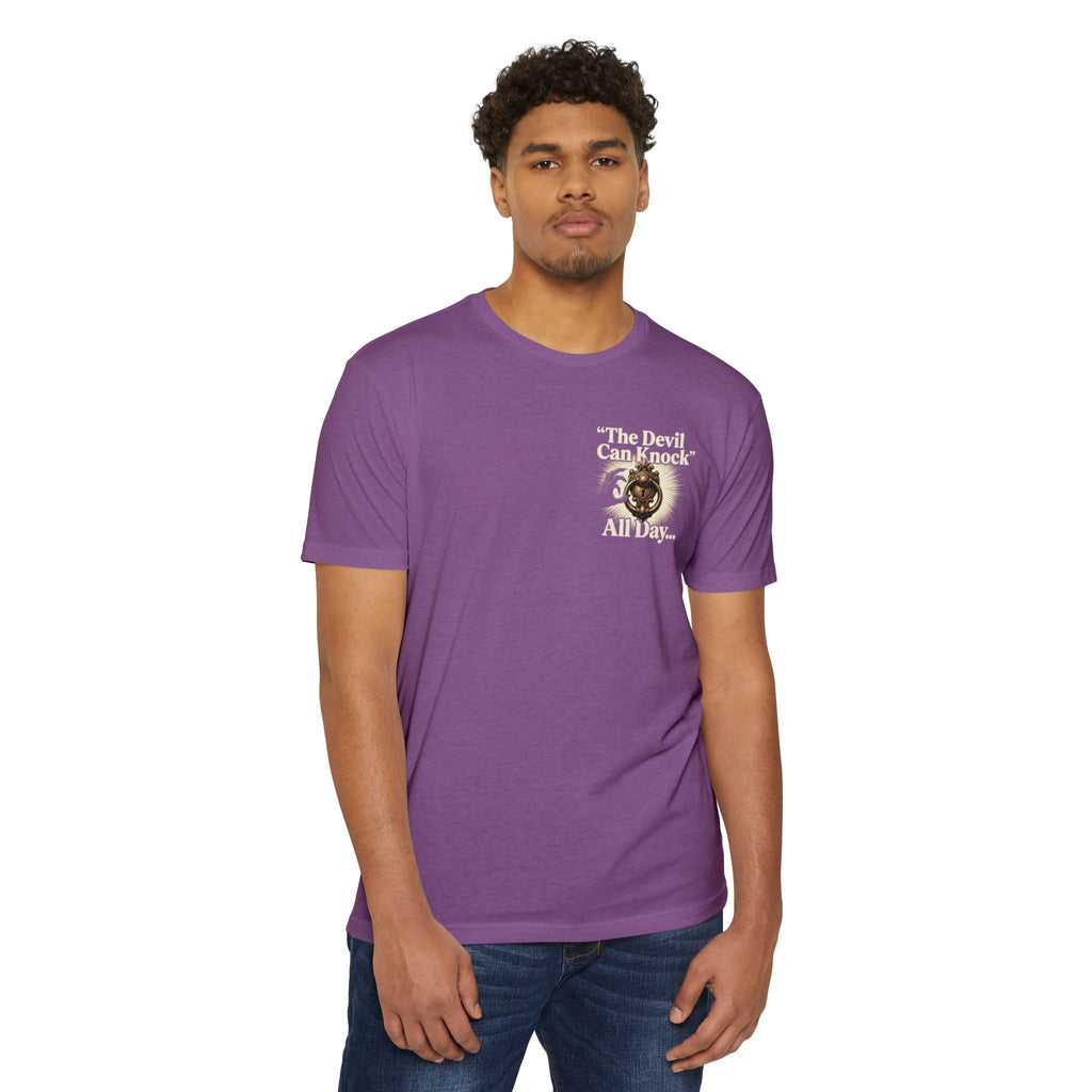 Christian Cross T-Shirt — "The Devil Can Knock All Day... But I Only Answer For Jesus"