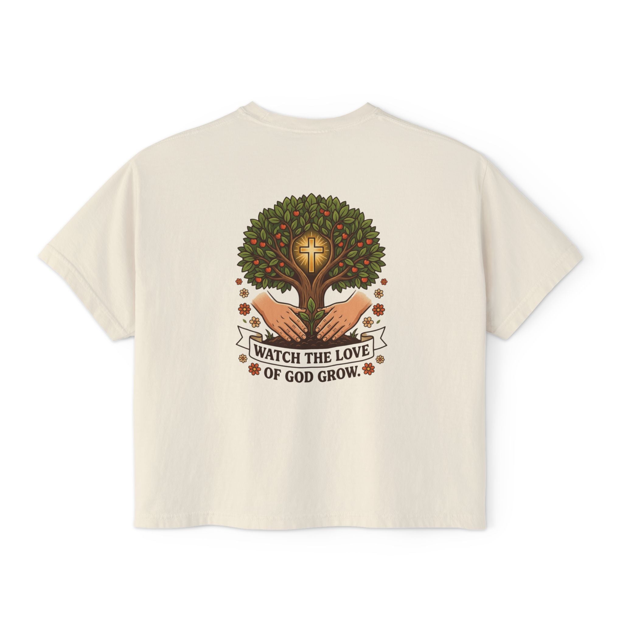 Watch the Love of God Grow Boxy Tee — Christian Faith Tree Graphic Women's Shirt