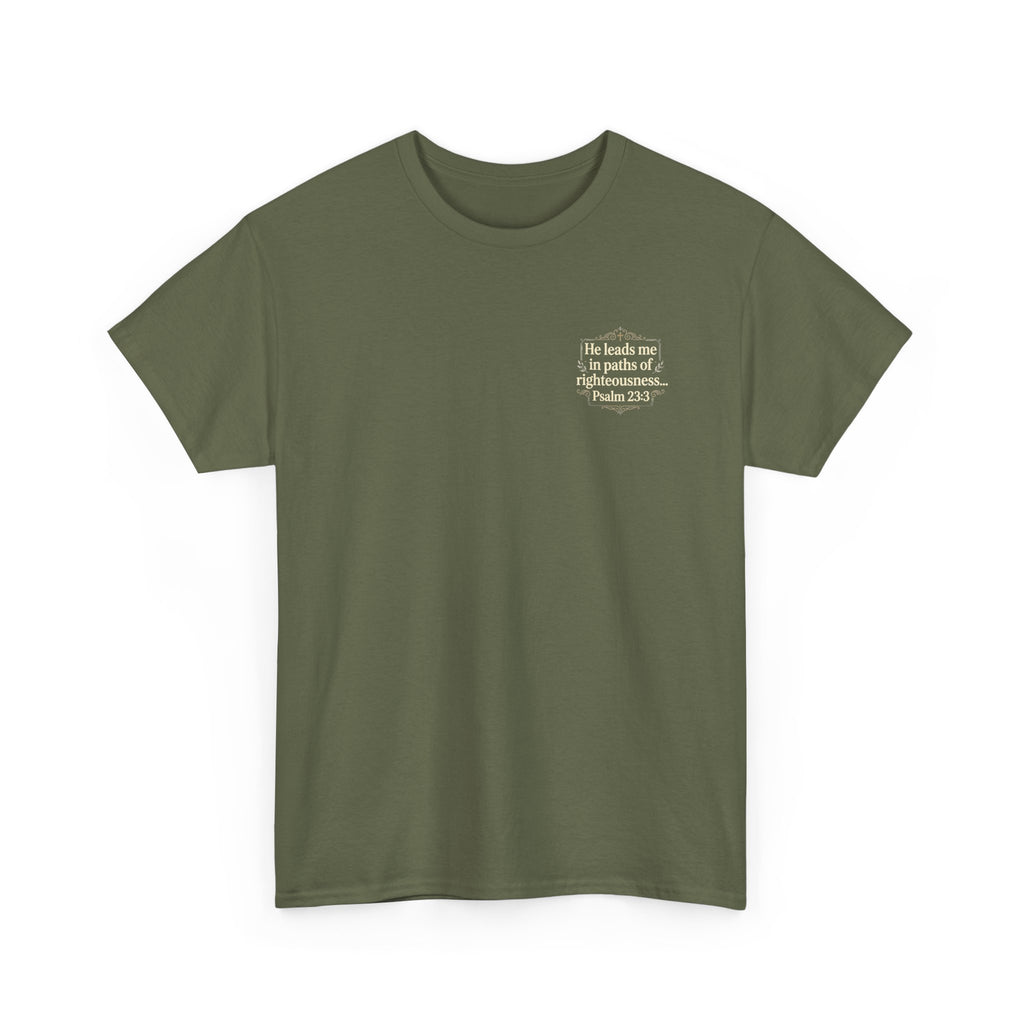 Christian Scripture Tee — "He heals the brokenhearted" Psalm 34:18 Chest Print