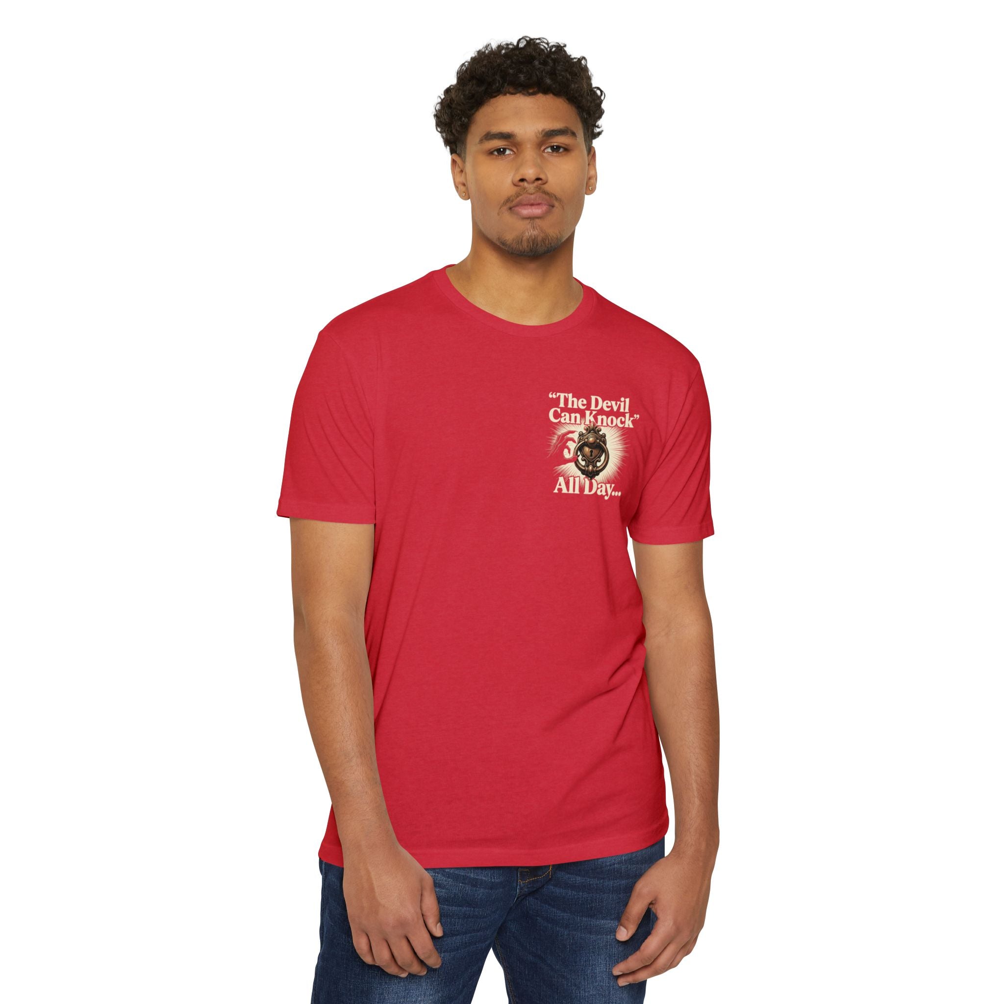 Christian Cross T-Shirt — "The Devil Can Knock All Day... But I Only Answer For Jesus"