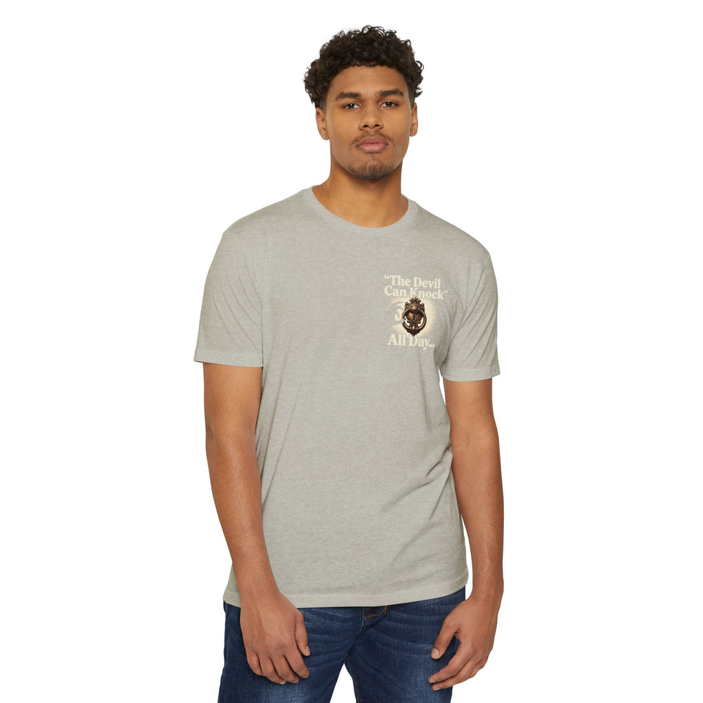 Christian Cross T-Shirt — "The Devil Can Knock All Day... But I Only Answer For Jesus"