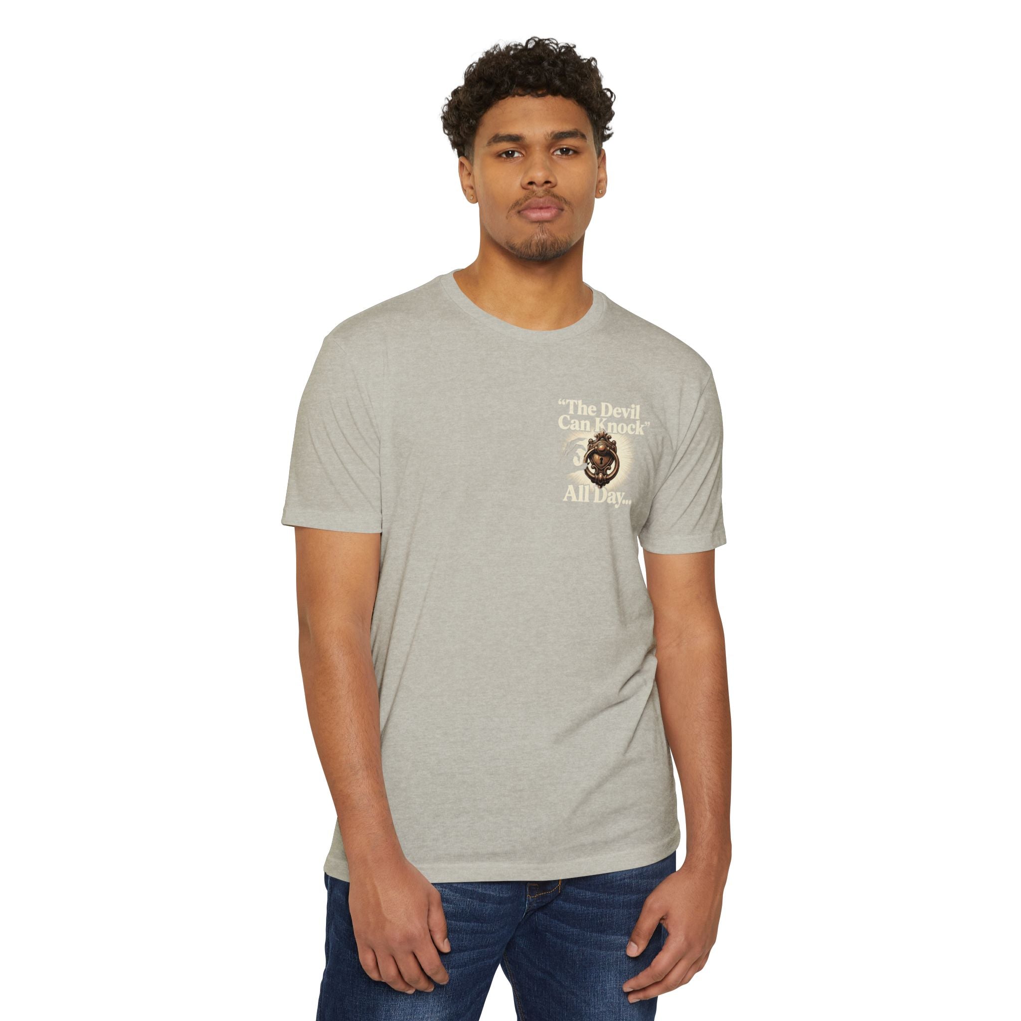 Christian Cross T-Shirt — "The Devil Can Knock All Day... But I Only Answer For Jesus"