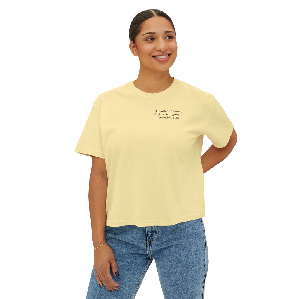 Watch the Love of God Grow Boxy Tee — Christian Faith Tree Graphic Women's Shirt