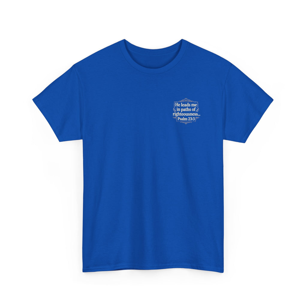 Christian Scripture Tee — "He heals the brokenhearted" Psalm 34:18 Chest Print