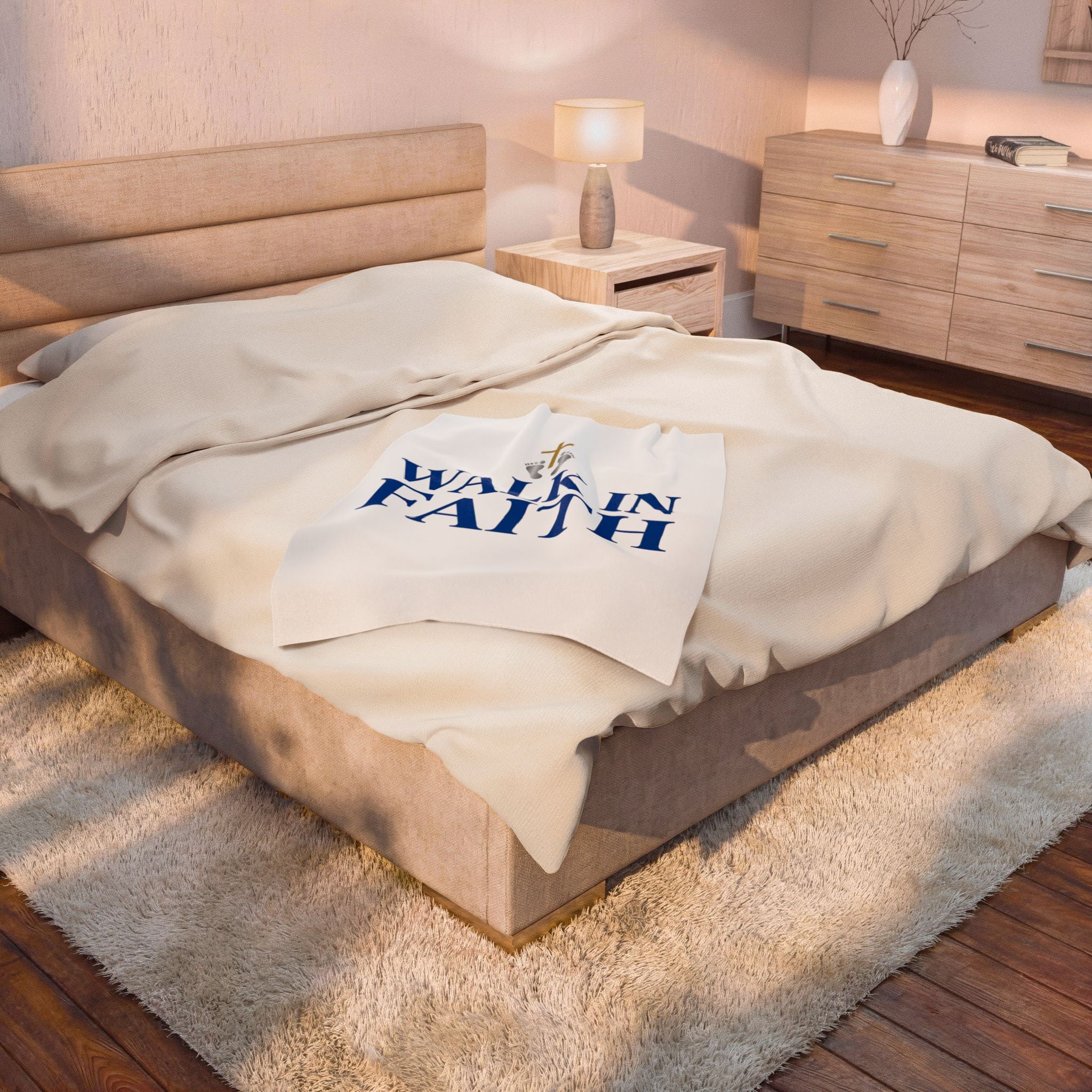 Walk in Faith Plush Blanket — Christian Velveteen Throw with Cross & Baby Footprints