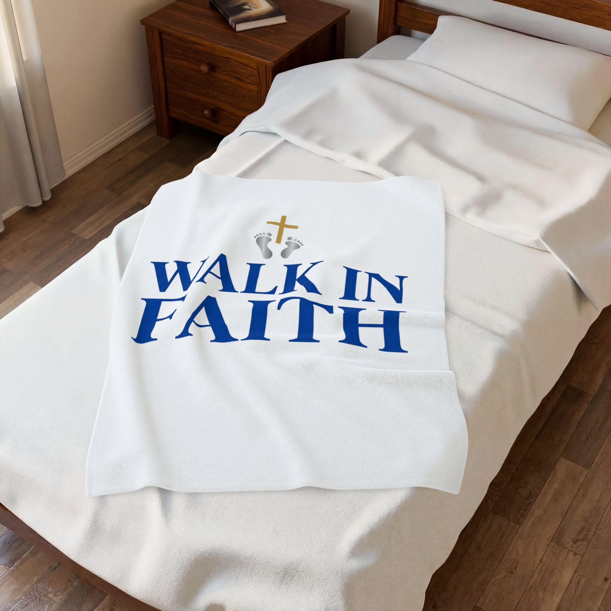 Walk in Faith Plush Blanket — Christian Velveteen Throw with Cross & Baby Footprints