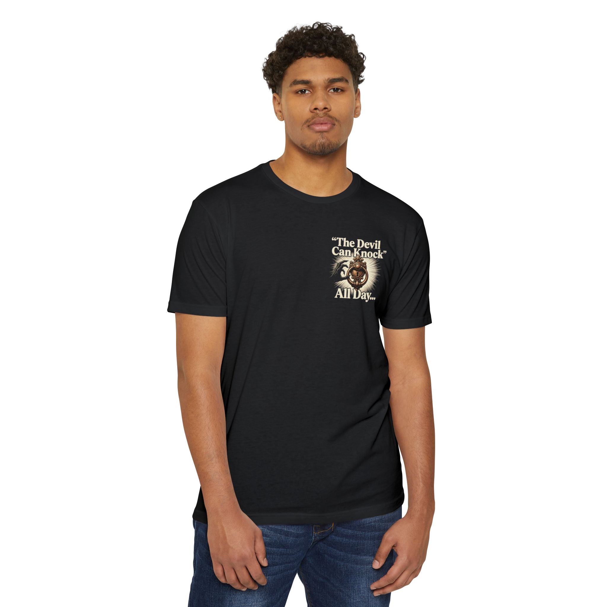 Christian Cross T-Shirt — "The Devil Can Knock All Day... But I Only Answer For Jesus"