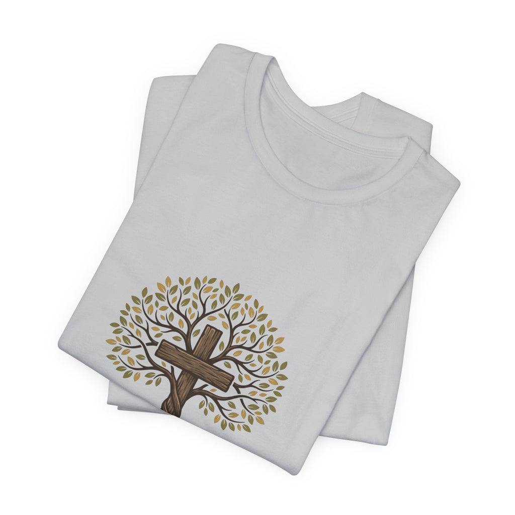 Christian Cross Tree T-Shirt — "Christ died for our sins to give us family to grow spiritually within Him"