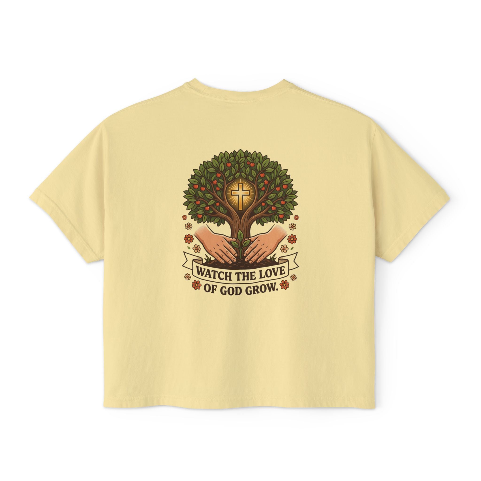 Watch the Love of God Grow Boxy Tee — Christian Faith Tree Graphic Women's Shirt