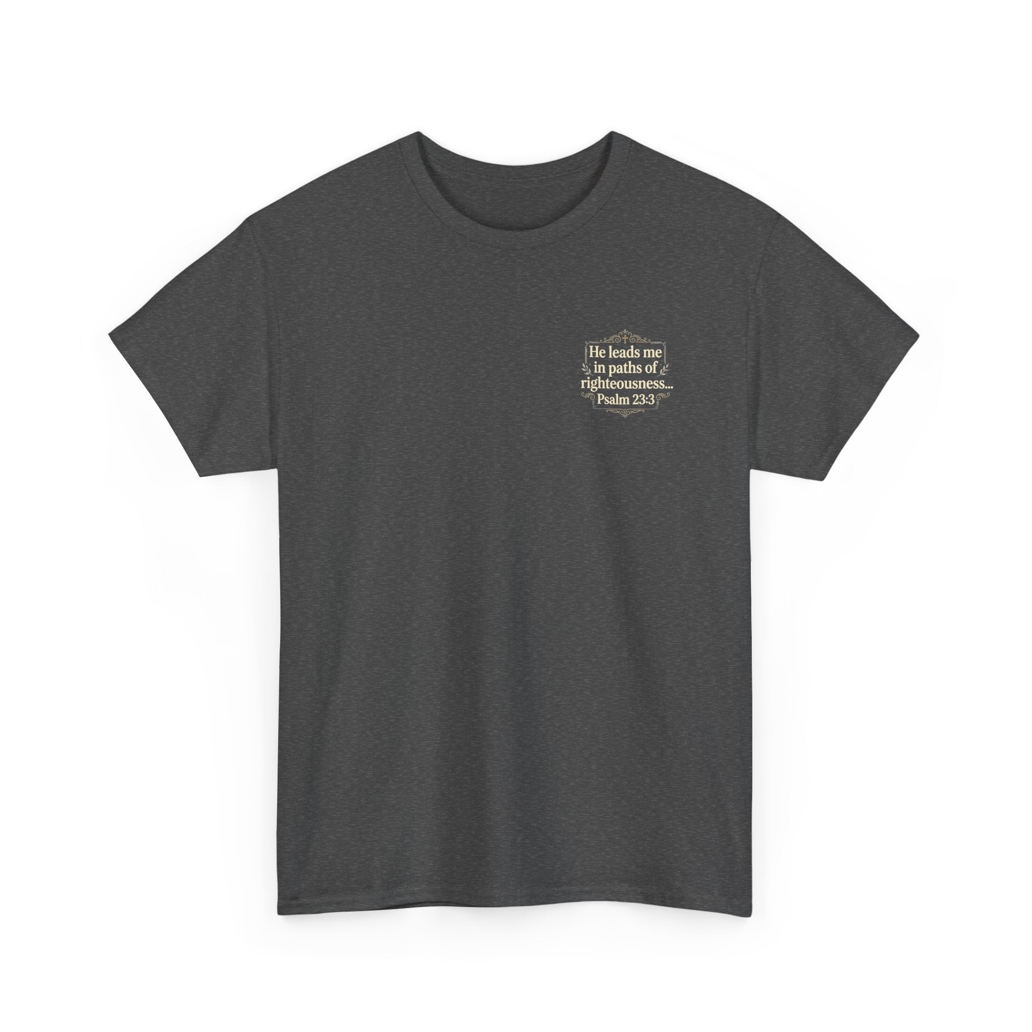 Christian Scripture Tee — "He heals the brokenhearted" Psalm 34:18 Chest Print