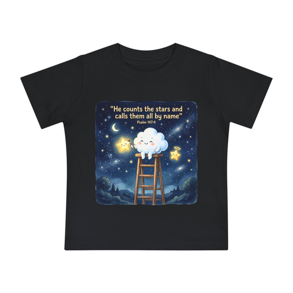 Baby Starry Night T‑Shirt — "He counts the stars and calls them all by name" (Psalm 147:4)