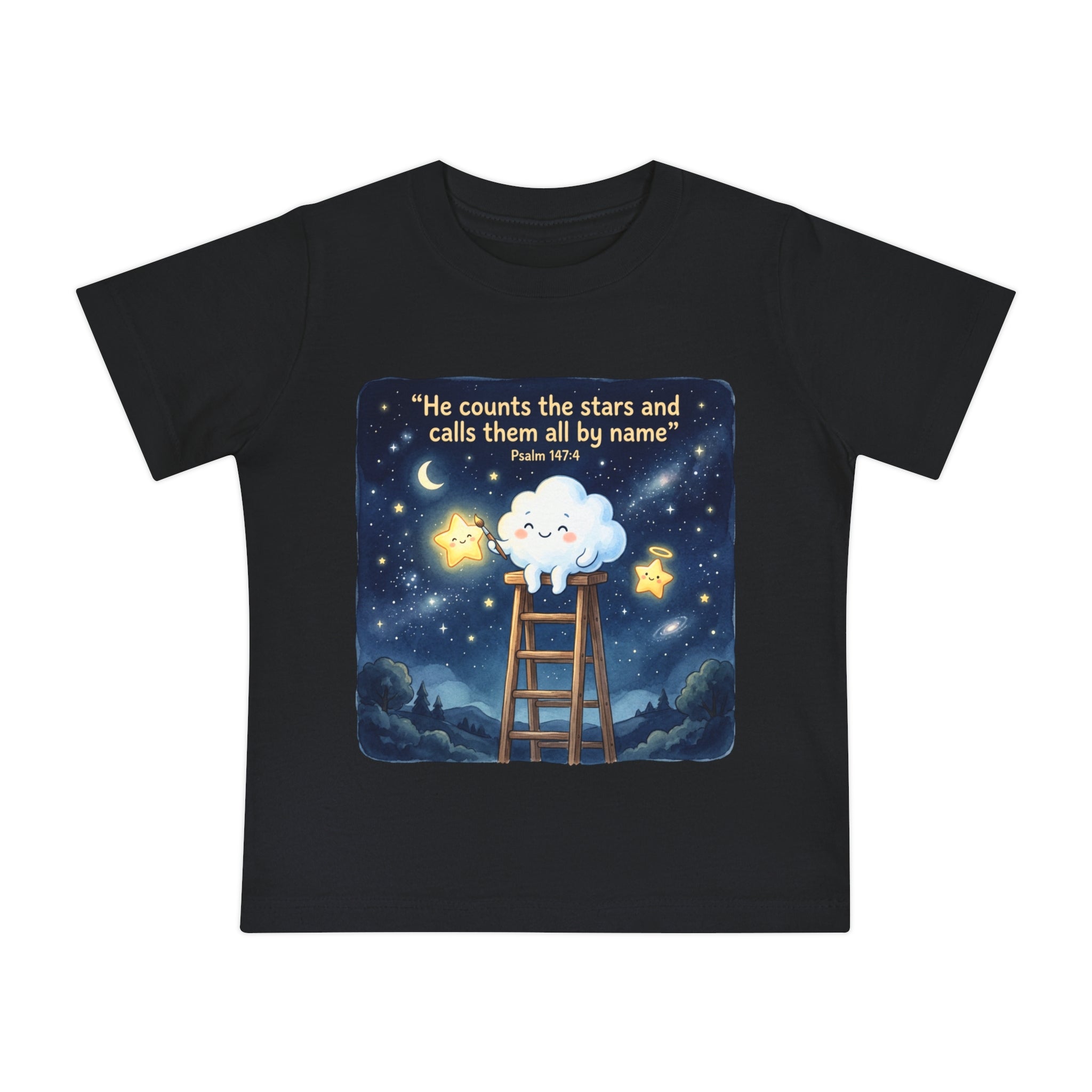 Baby Starry Night T‑Shirt — "He counts the stars and calls them all by name" (Psalm 147:4)