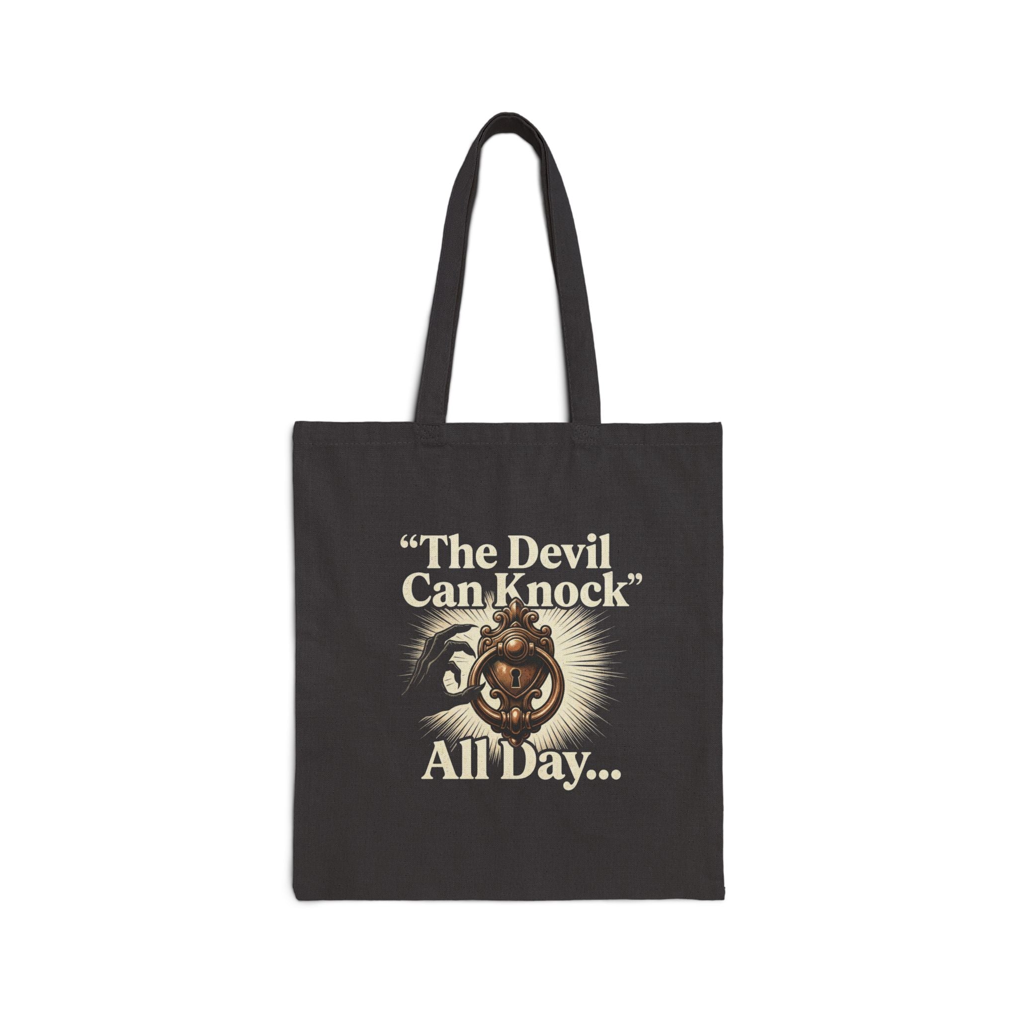 Religious Cotton Tote Bag — "The Devil Can Knock All Day" & Golden Cross Canvas Market Tote