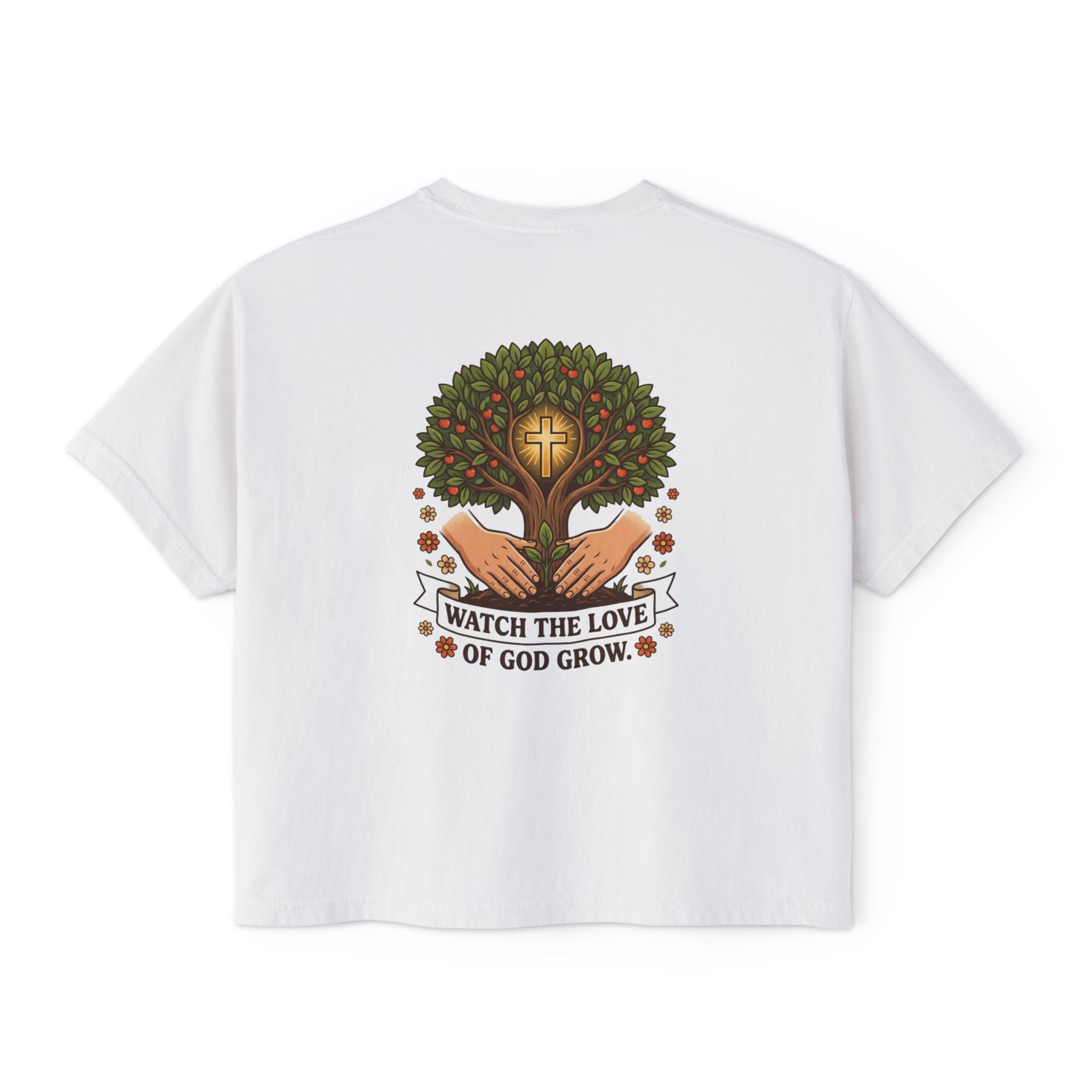 Watch the Love of God Grow Boxy Tee — Christian Faith Tree Graphic Women's Shirt