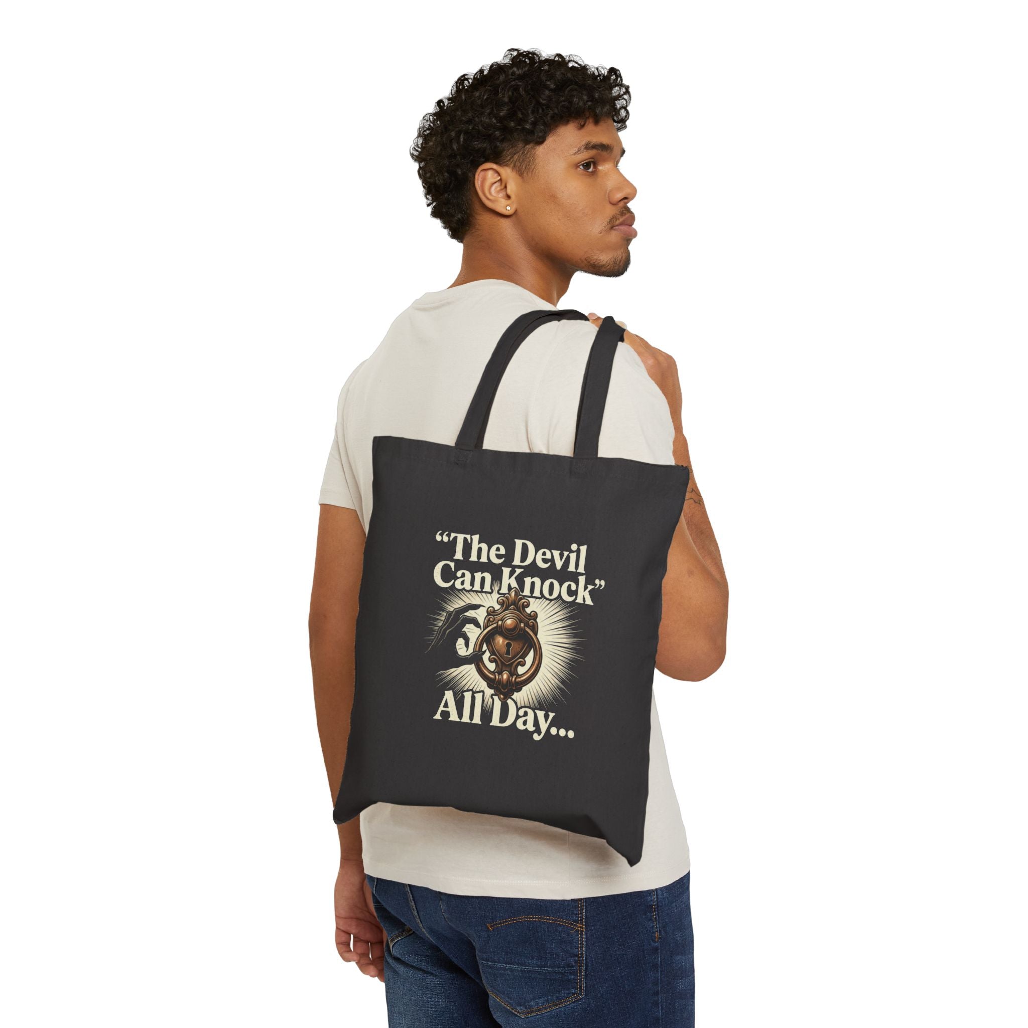Religious Cotton Tote Bag — "The Devil Can Knock All Day" & Golden Cross Canvas Market Tote
