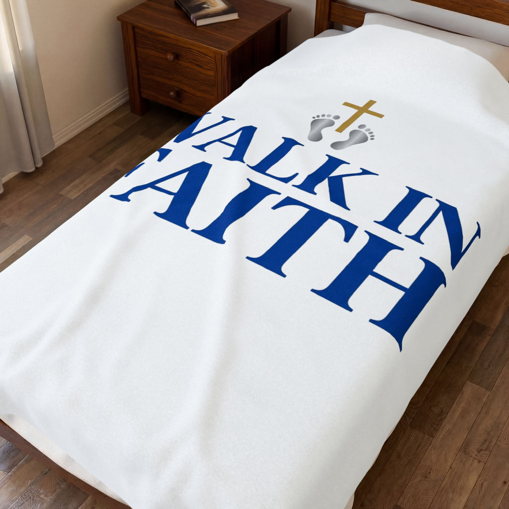 Walk in Faith Plush Blanket — Christian Velveteen Throw with Cross & Baby Footprints