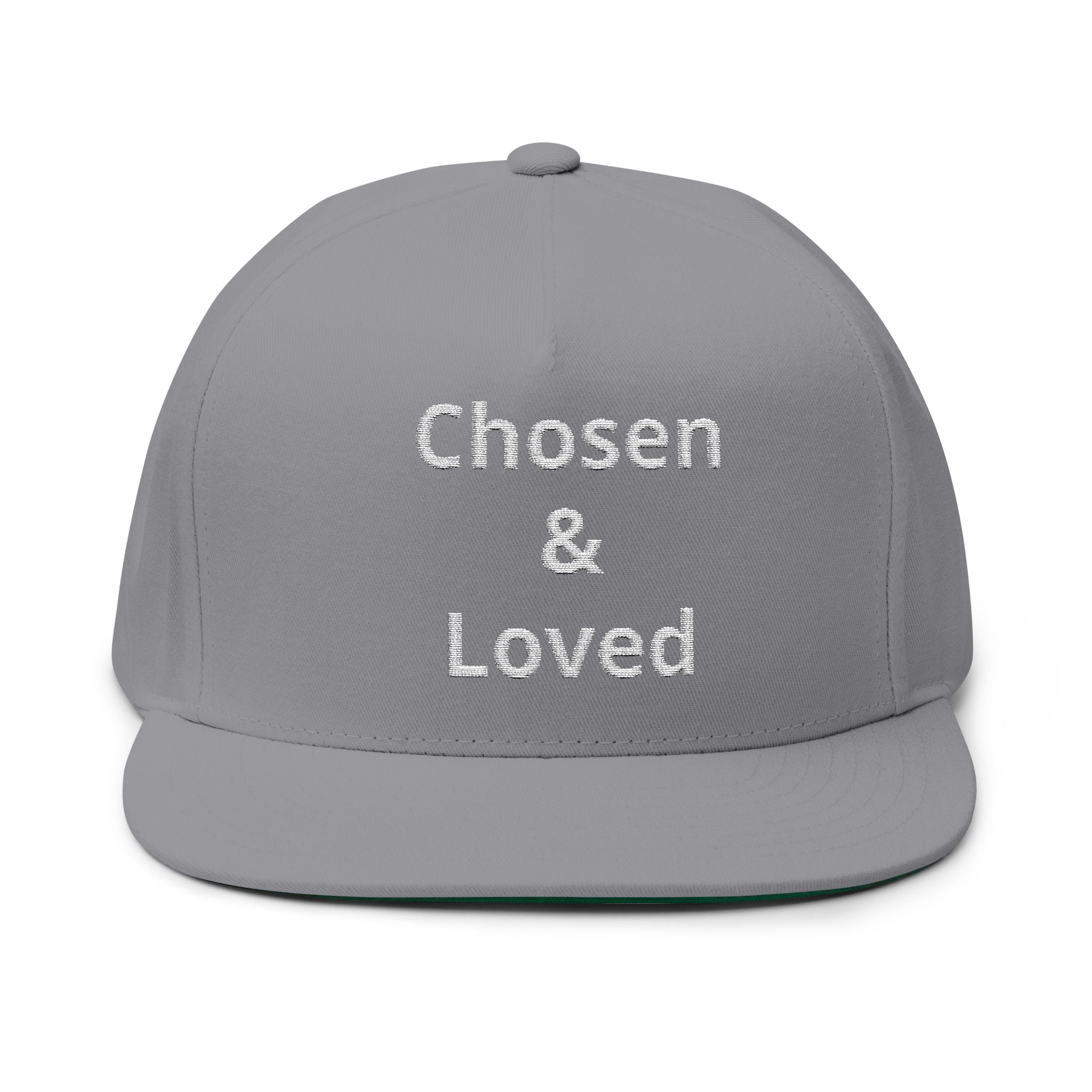 Chosen & Loved Embroidered Flat Bill Cap — White Snapback Hat