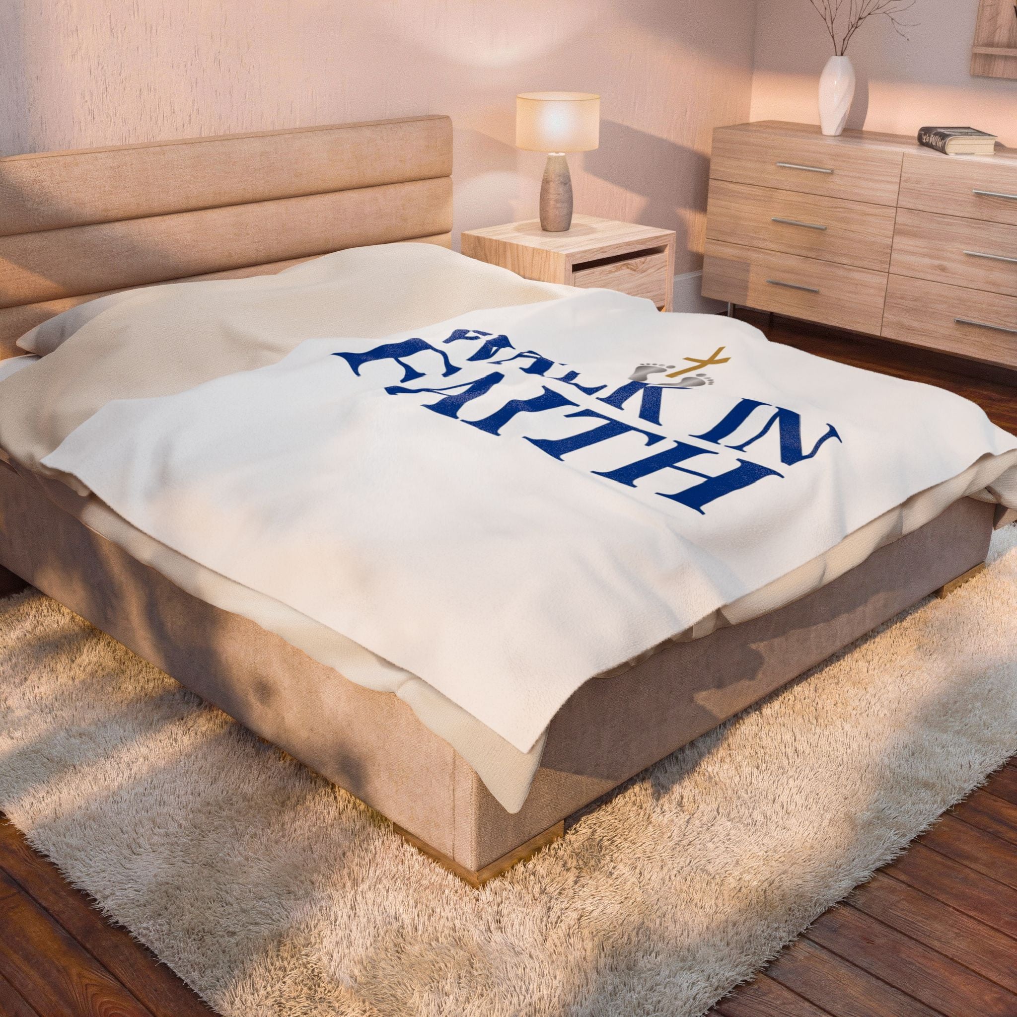 Walk in Faith Plush Blanket — Christian Velveteen Throw with Cross & Baby Footprints