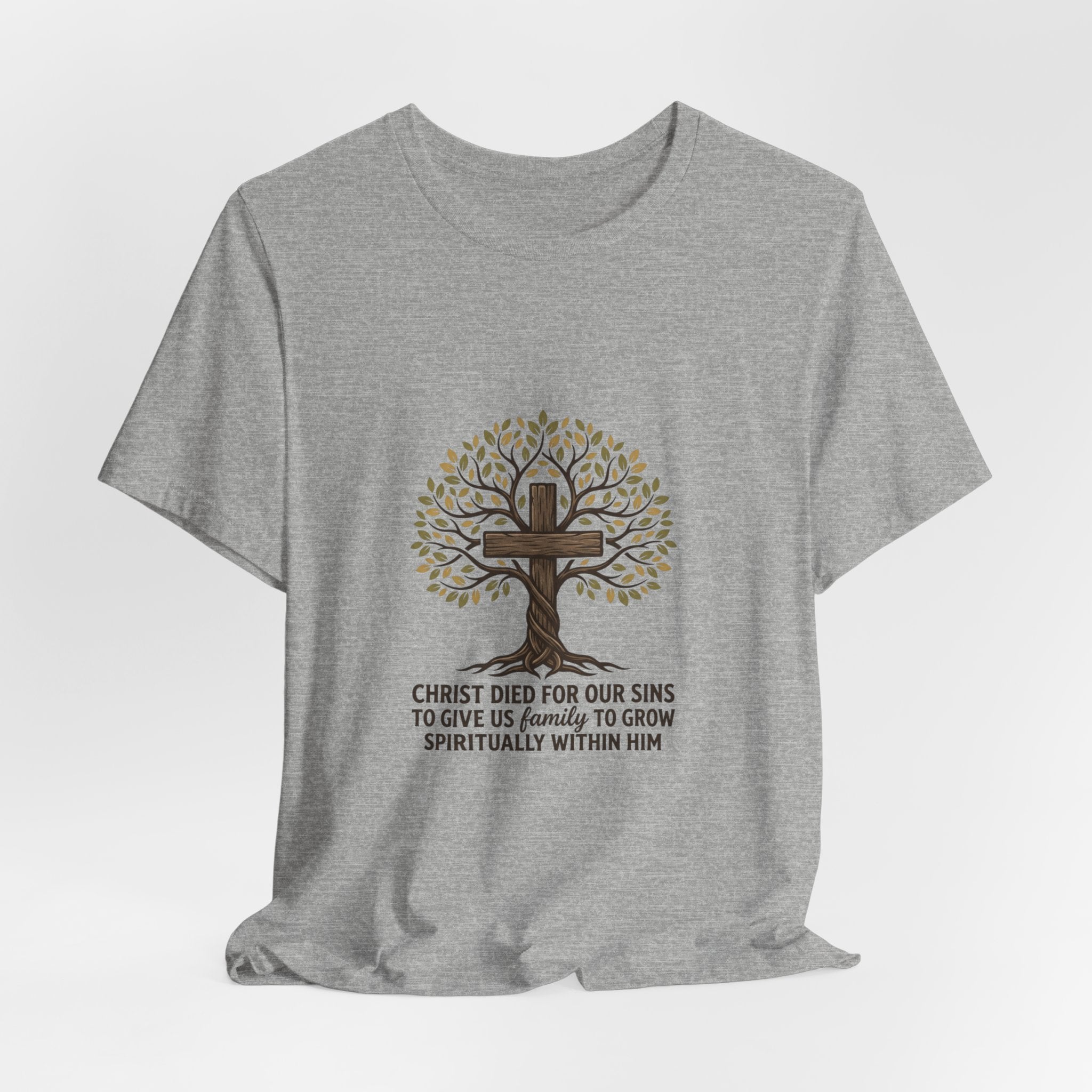 Christian Cross Tree T-Shirt — "Christ died for our sins to give us family to grow spiritually within Him"