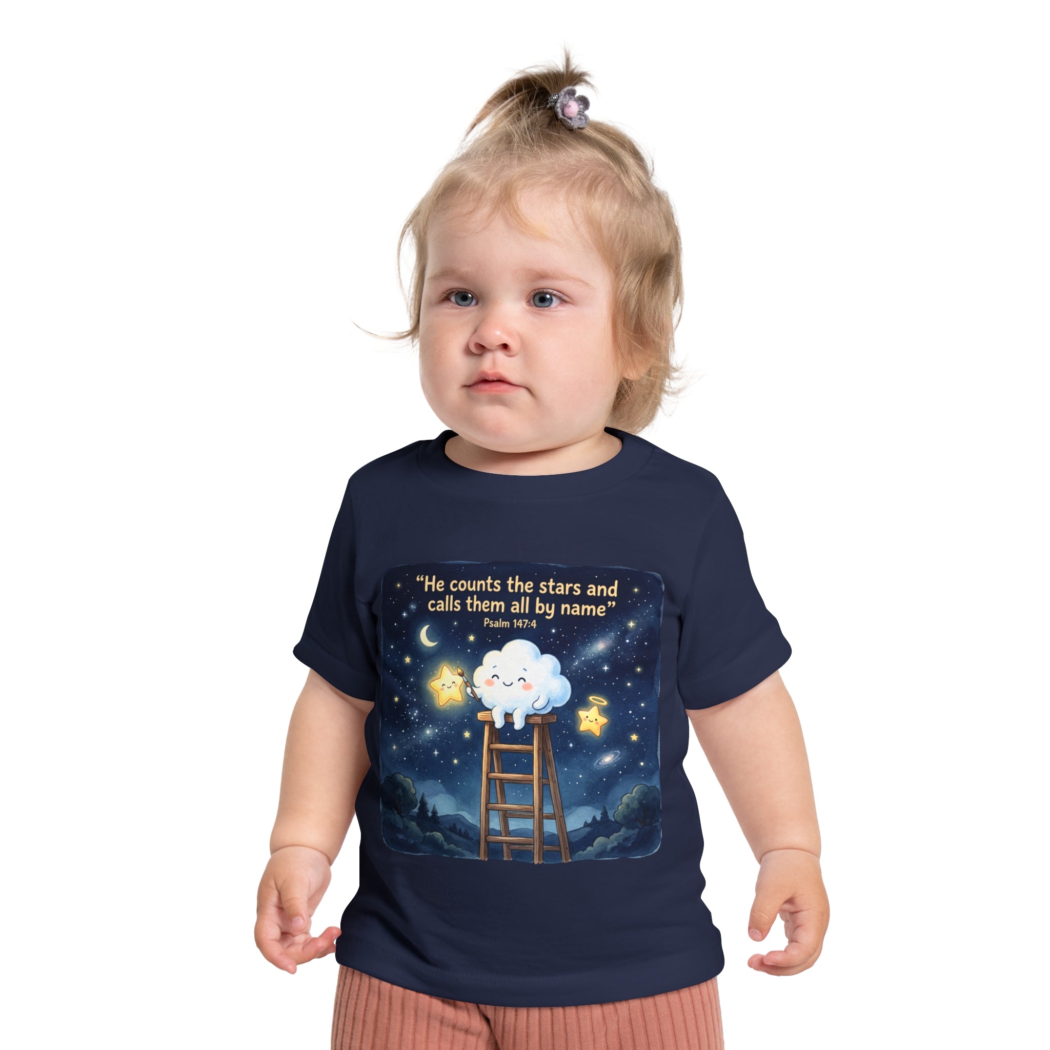 Baby Starry Night T‑Shirt — "He counts the stars and calls them all by name" (Psalm 147:4)