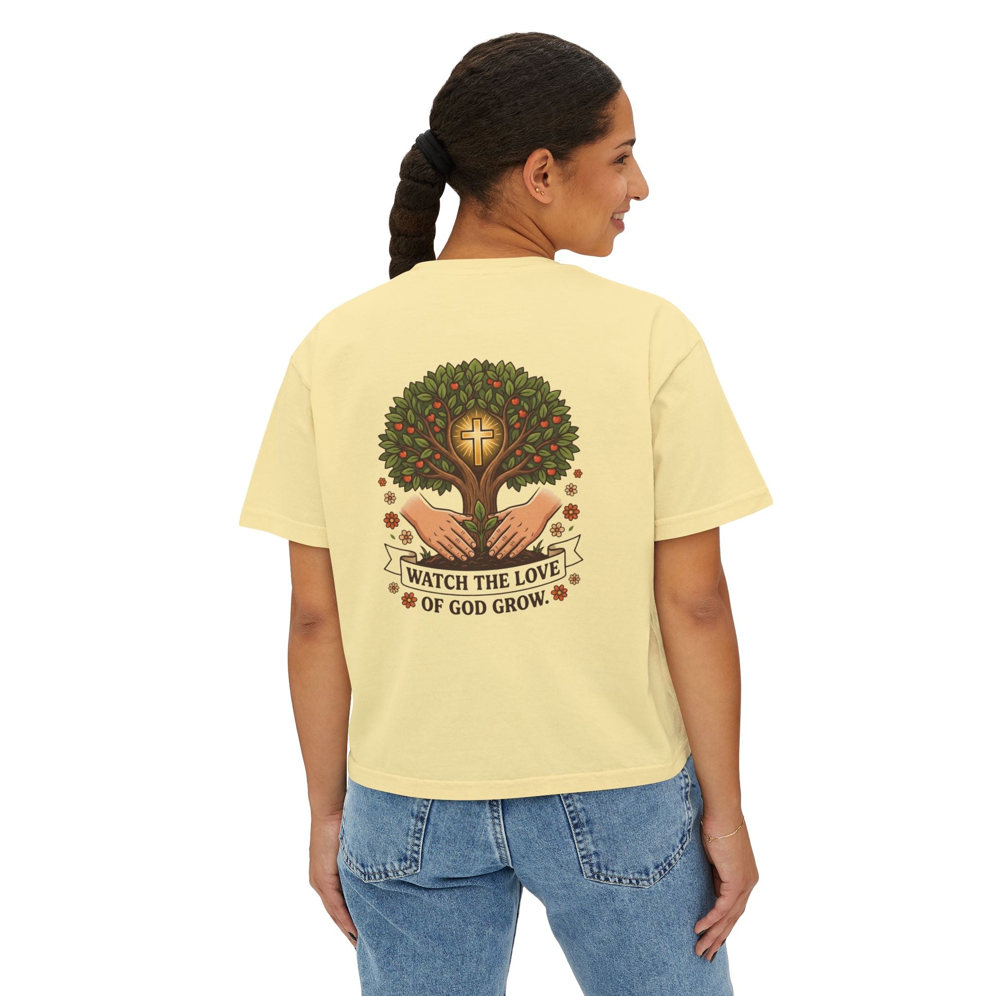Watch the Love of God Grow Boxy Tee — Christian Faith Tree Graphic Women's Shirt