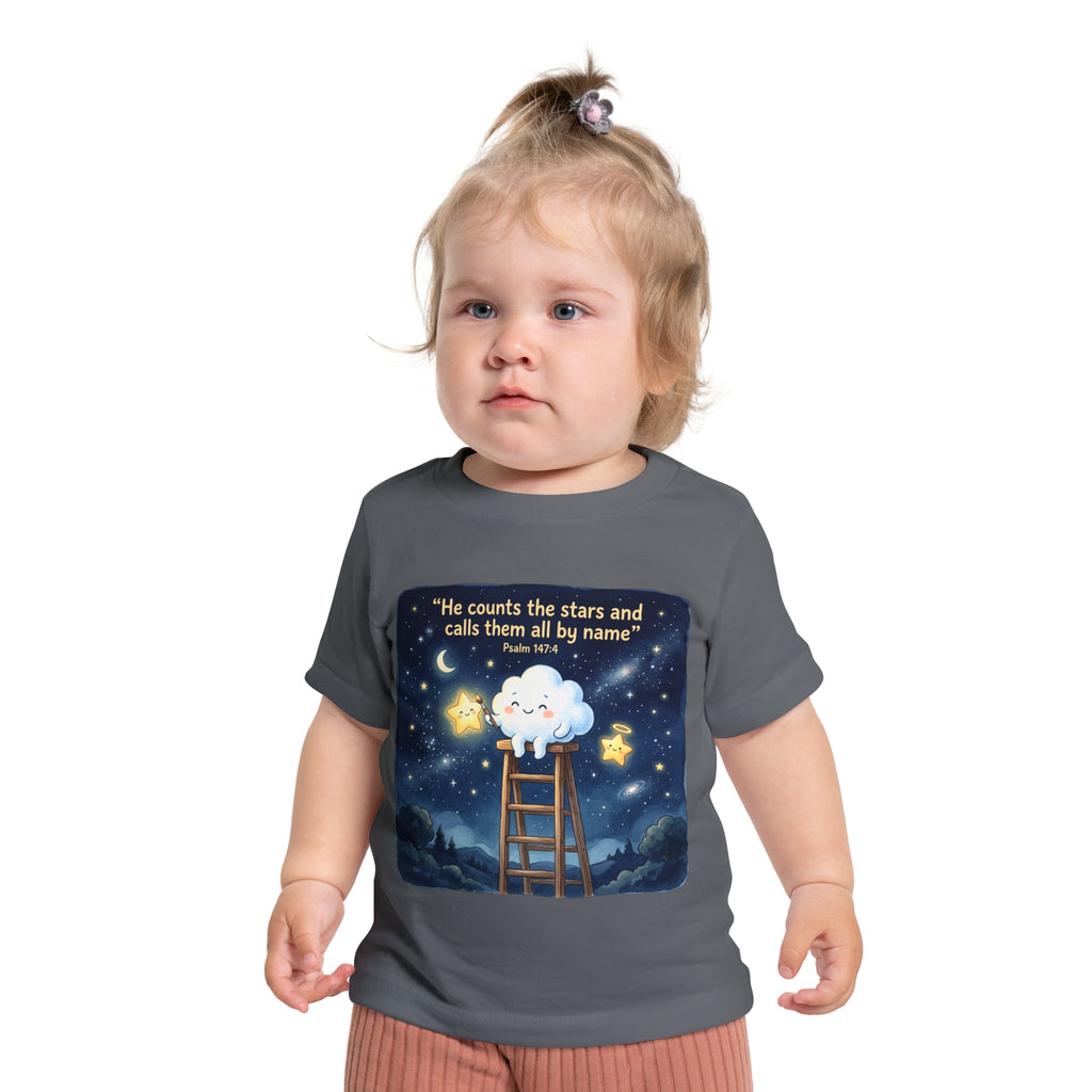 Baby Starry Night T‑Shirt — "He counts the stars and calls them all by name" (Psalm 147:4)