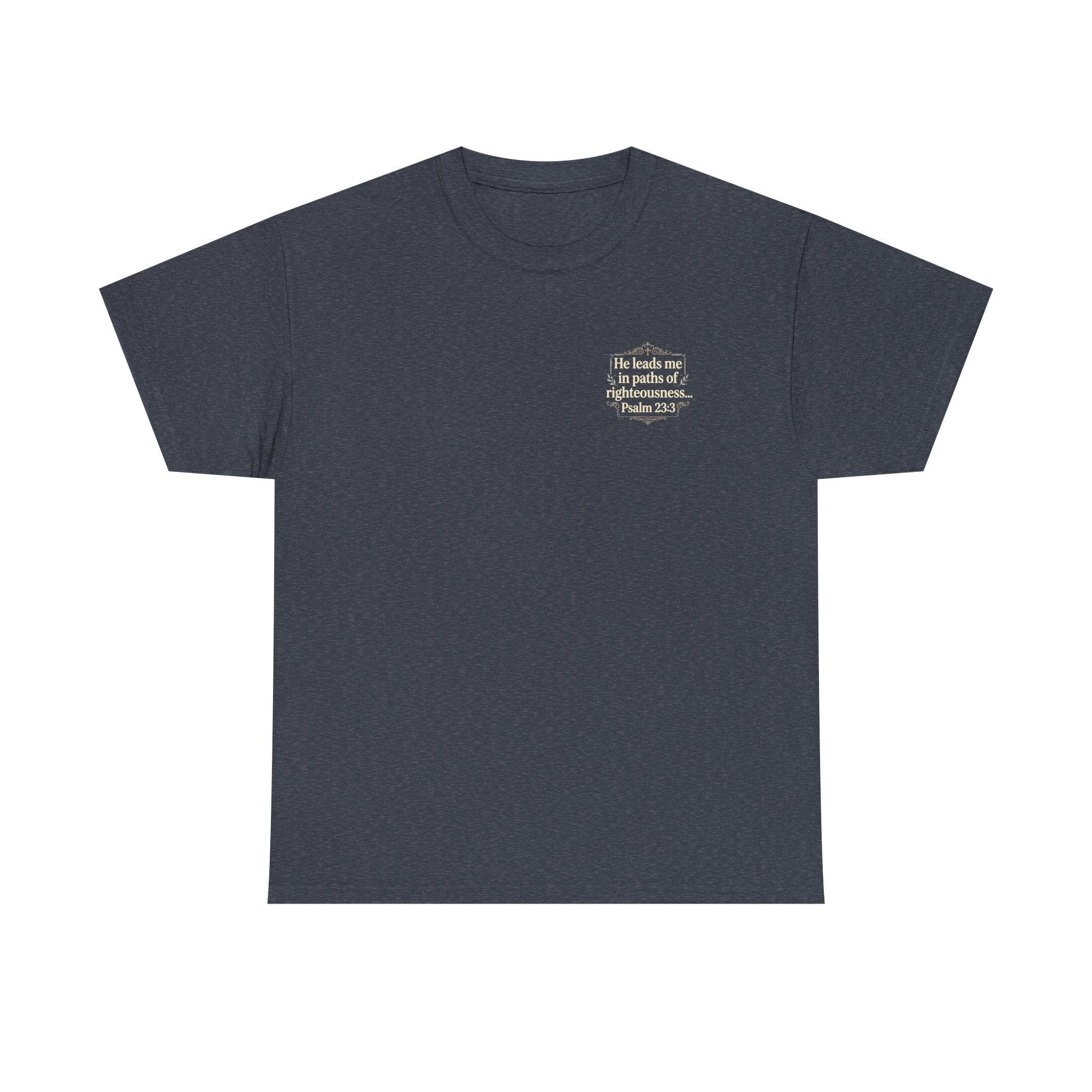 Christian Scripture Tee — "He heals the brokenhearted" Psalm 34:18 Chest Print
