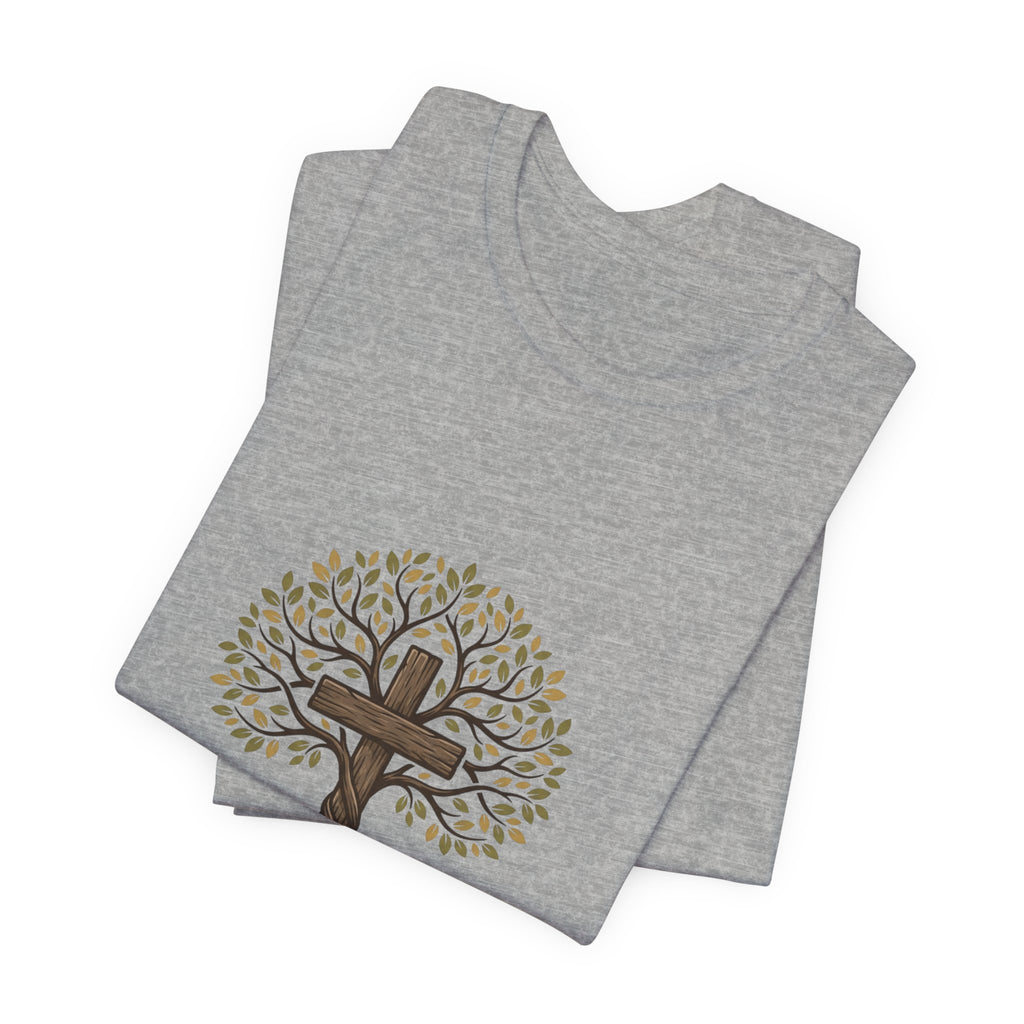 Christian Cross Tree T-Shirt — "Christ died for our sins to give us family to grow spiritually within Him"