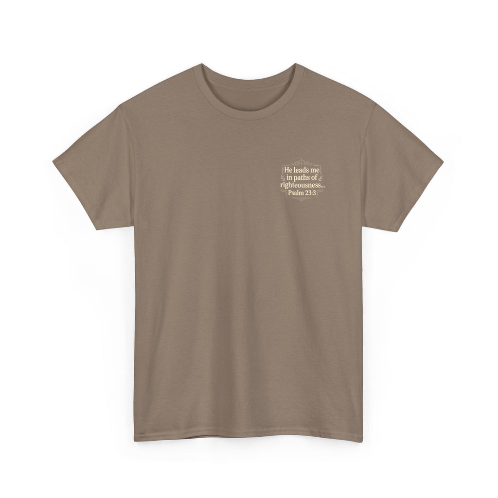 Christian Scripture Tee — "He heals the brokenhearted" Psalm 34:18 Chest Print