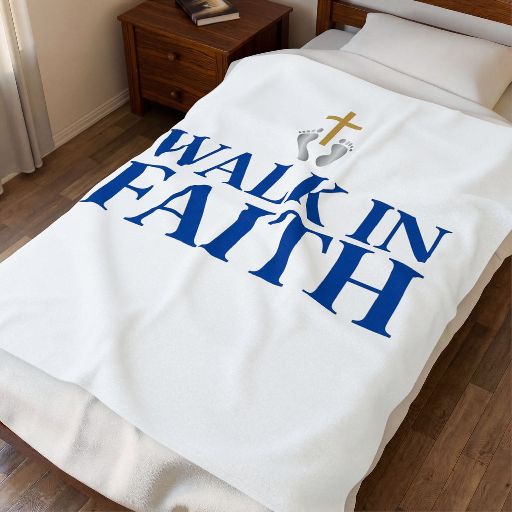 Walk in Faith Plush Blanket — Christian Velveteen Throw with Cross & Baby Footprints