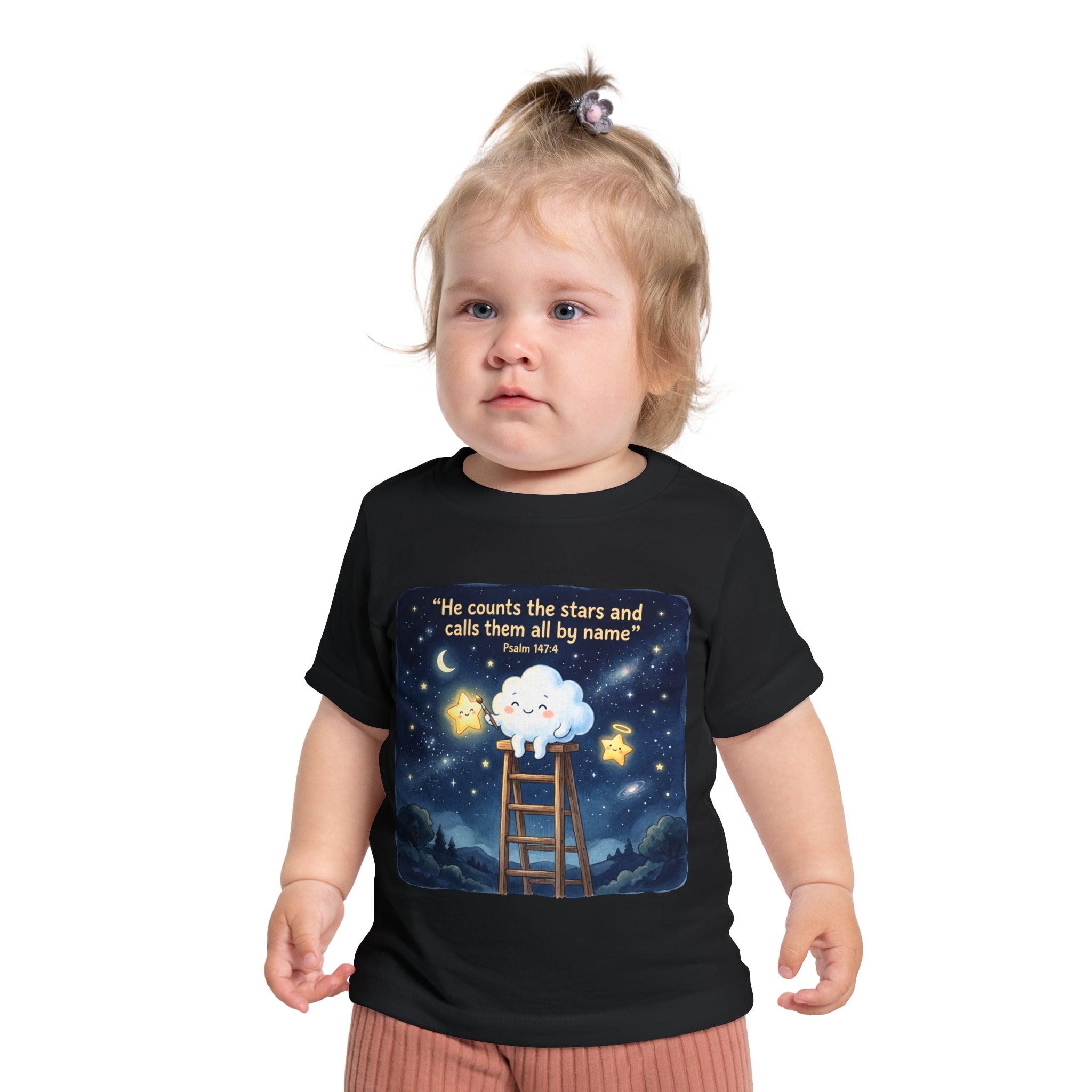 Baby Starry Night T‑Shirt — "He counts the stars and calls them all by name" (Psalm 147:4)