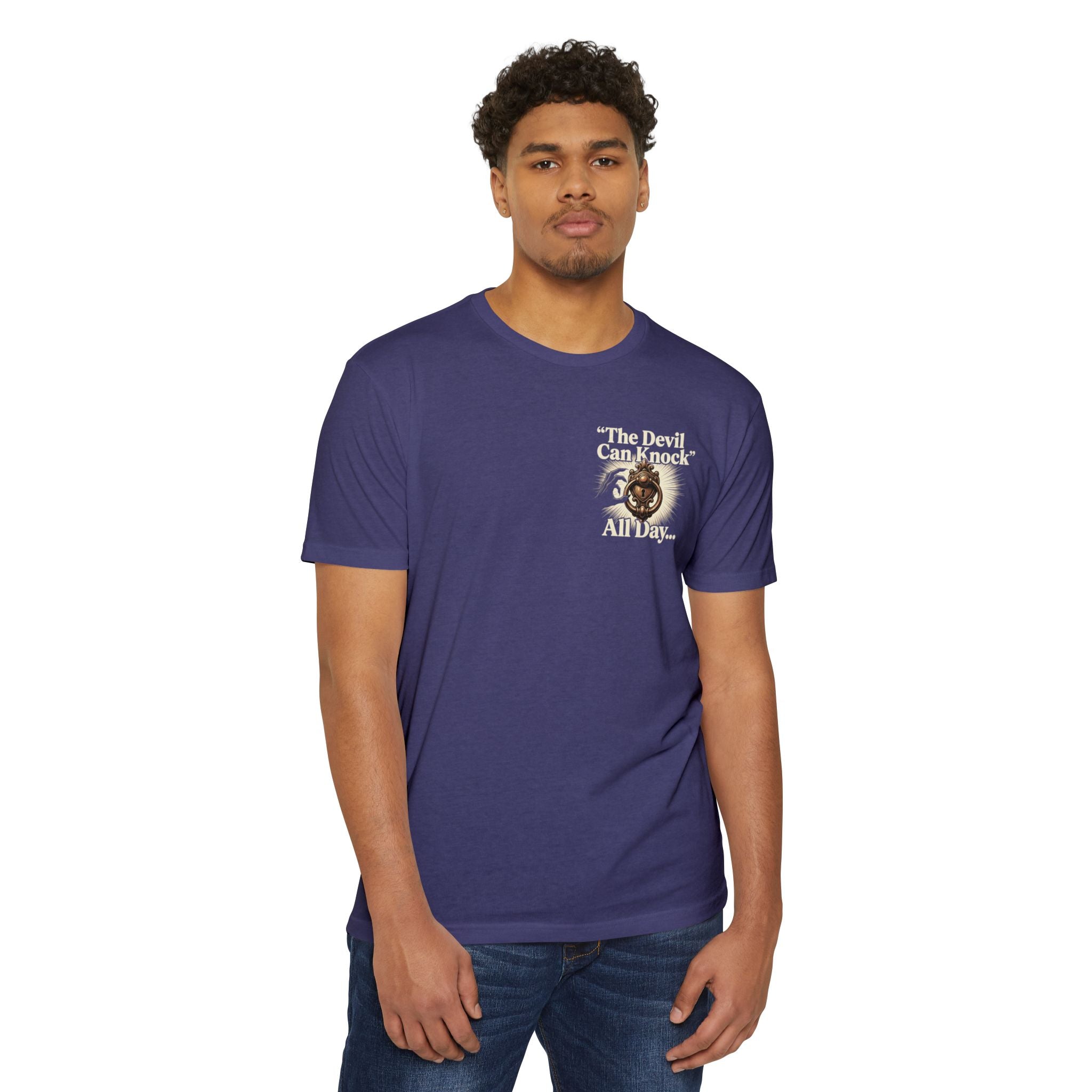 Christian Cross T-Shirt — "The Devil Can Knock All Day... But I Only Answer For Jesus"
