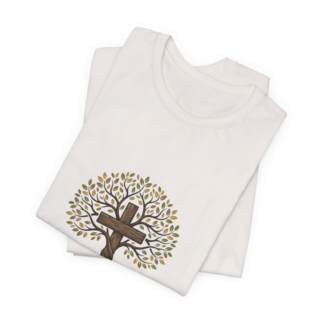 Christian Cross Tree T-Shirt — "Christ died for our sins to give us family to grow spiritually within Him"